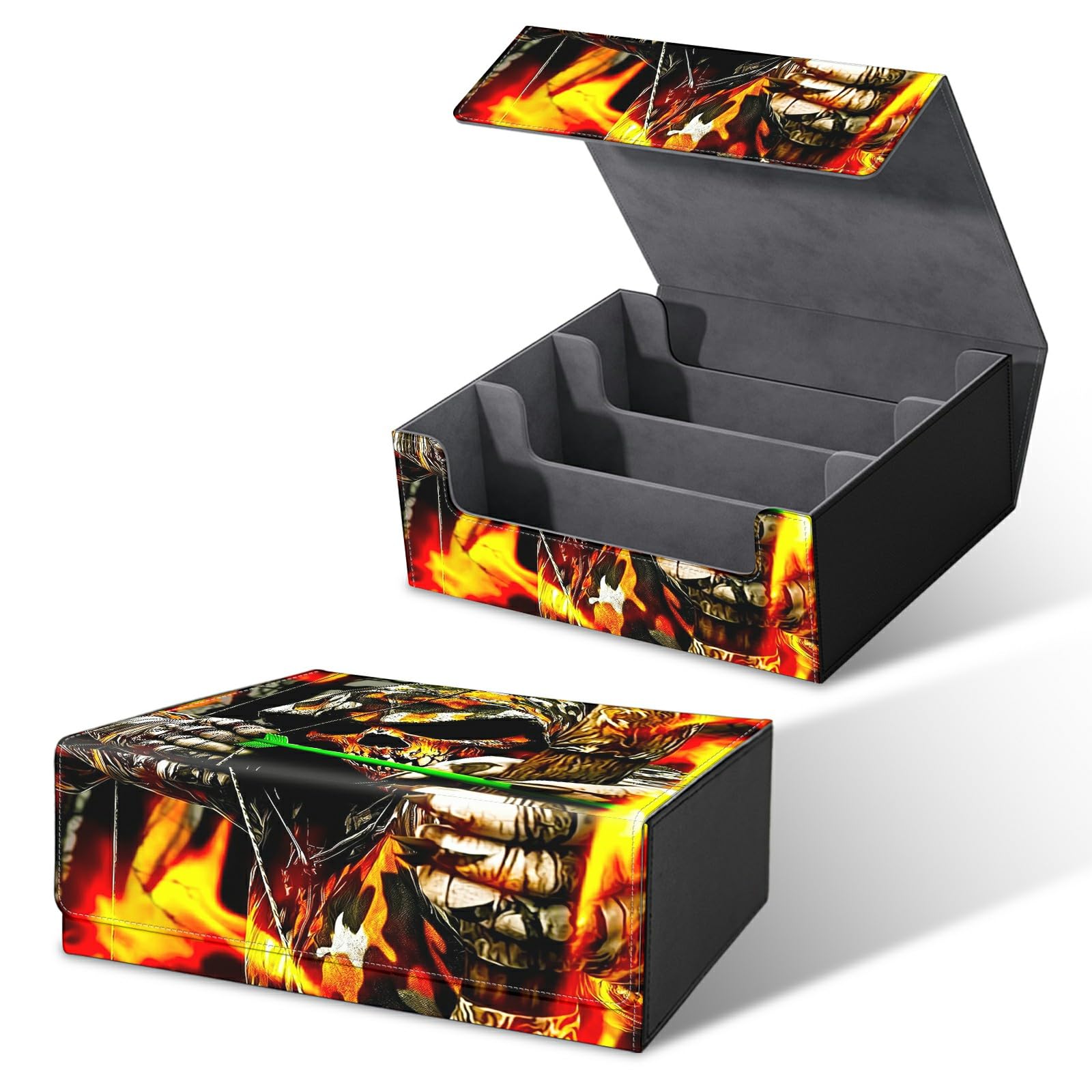 RWUTYTIUL Card Deck Box for MTG, Cards Storage Box Fits 120+ Sleeved, Leather Big Size Strong Magnetic Closing Case for Board Games Magic TCG CCG Baseball Collection Women Man, Skull Flame