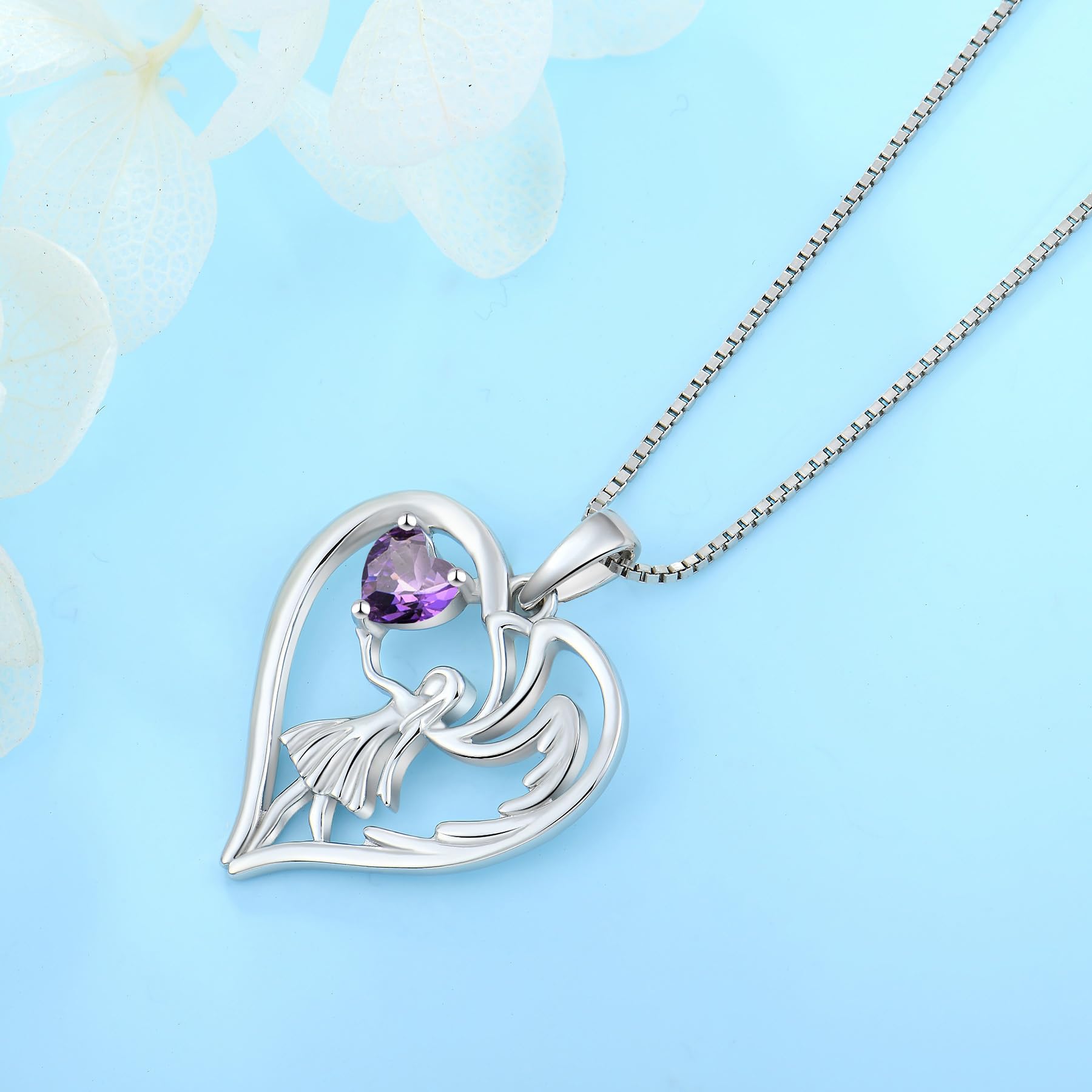 FJ Herz Schutzengel Kette Damen 925 Sterling Silber Engelsflügel Anhänger Halskette mit Geburtsstein Zirkonia Schmuck Geschenke für Frauen Mädchen