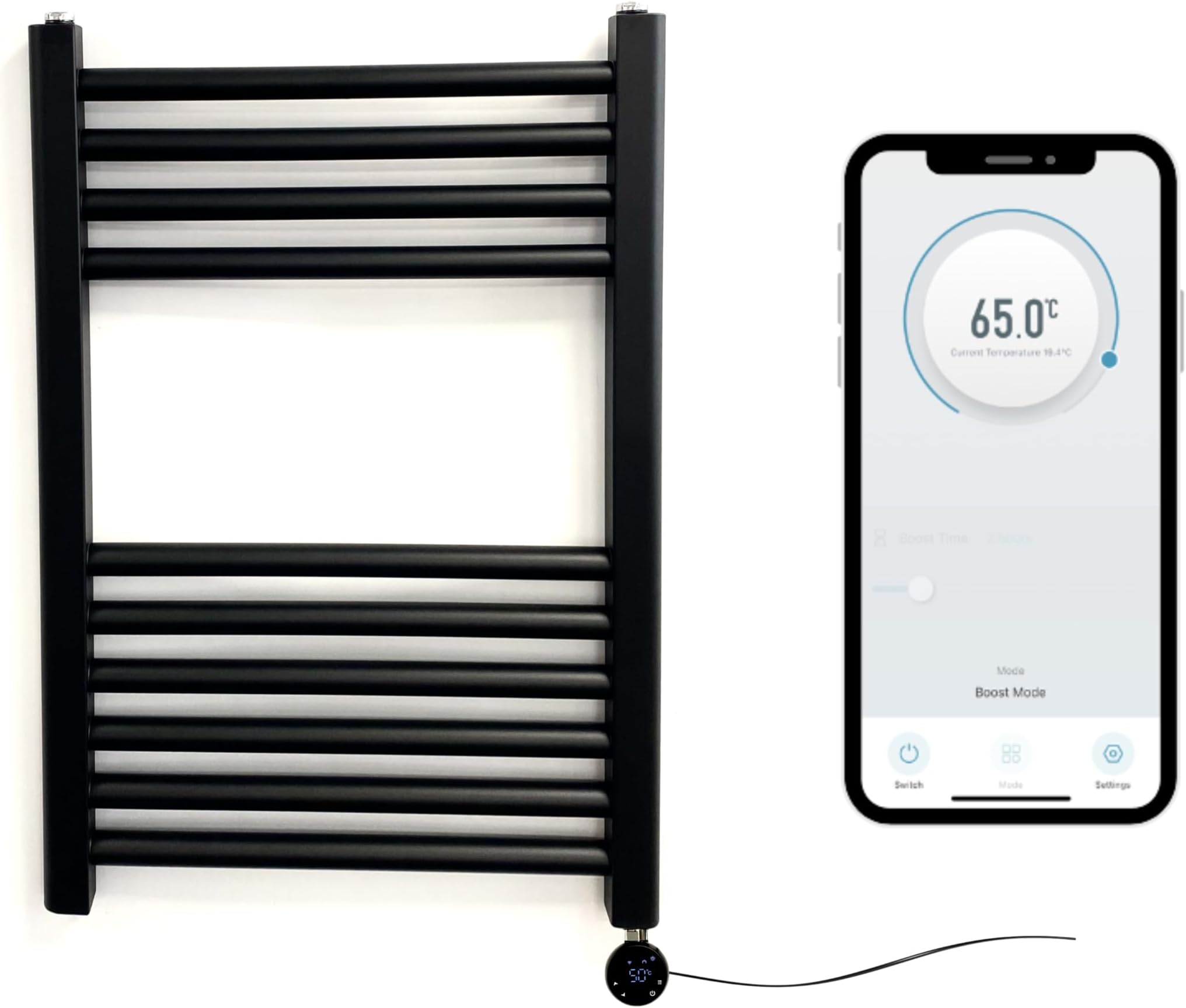 Matt Black Electric Smart WiFi Controlled Heated Towel Rail 500mm W x 600mm H 7 Day Programmable Timer App Compatibility