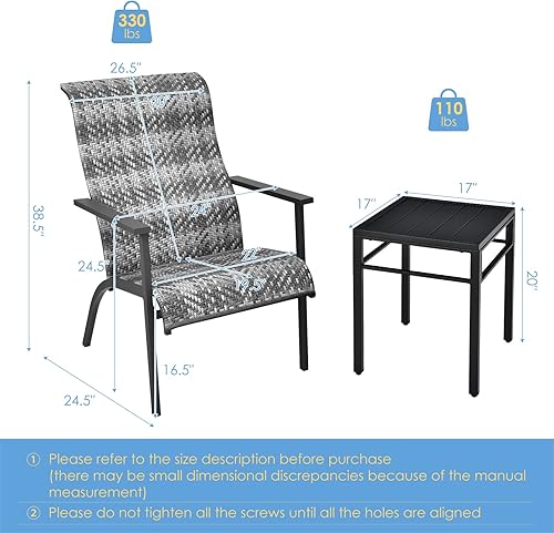 Miniatura 6 de RELAX4LIFE Juego de muebles de patio de 3 piezas, juego de bistró de mimbre para exteriores con mesa de café, respaldo ergonómico y reposabrazos,