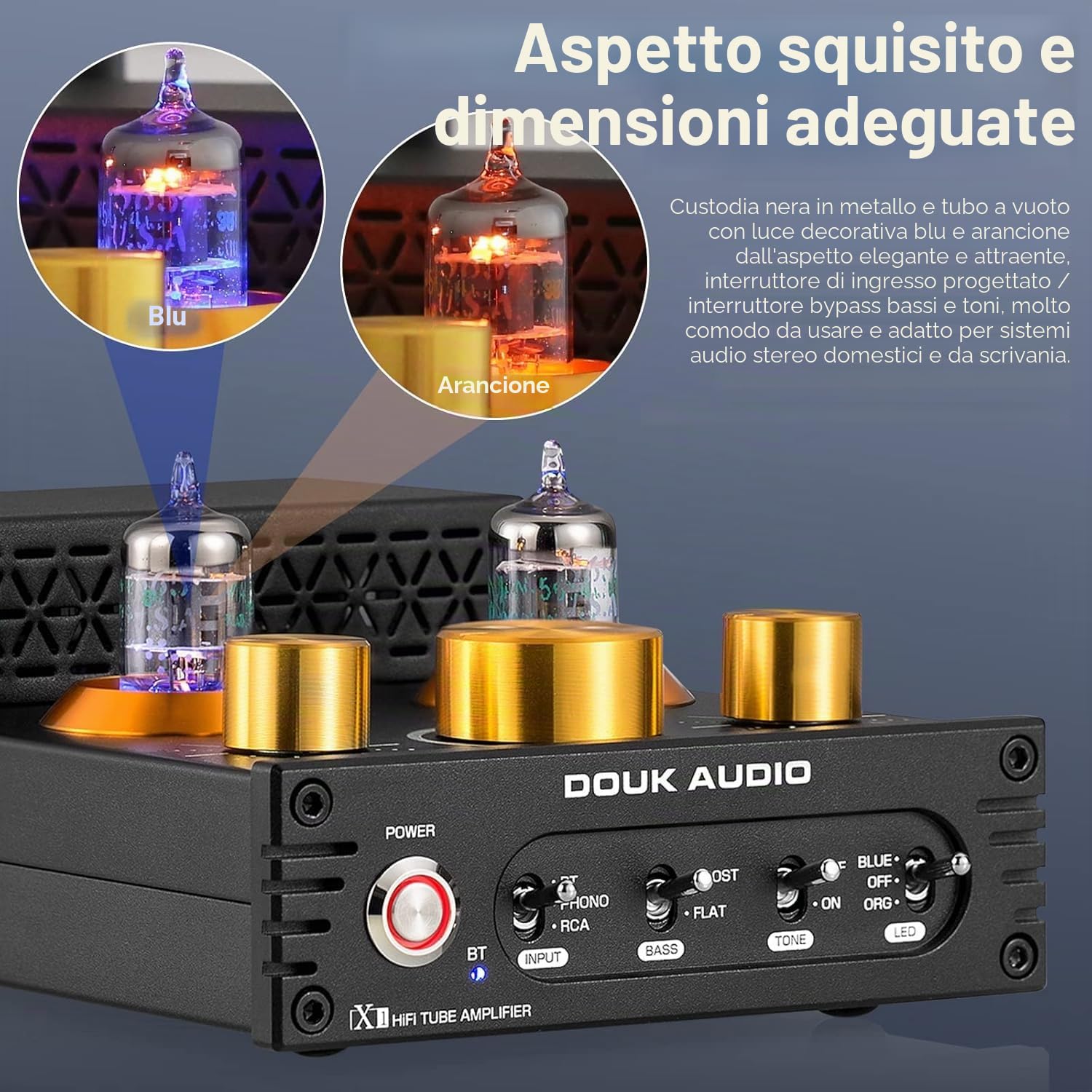 Douk Audio X1 amplificatore a valvole, amplificatore HiFi Bluetooth 5.0, amplificatore audio stereo a valvole GE5654, amplificatore phono MM, 160Wx2 chip TDA7498E, manopola di controllo acuti e bassi