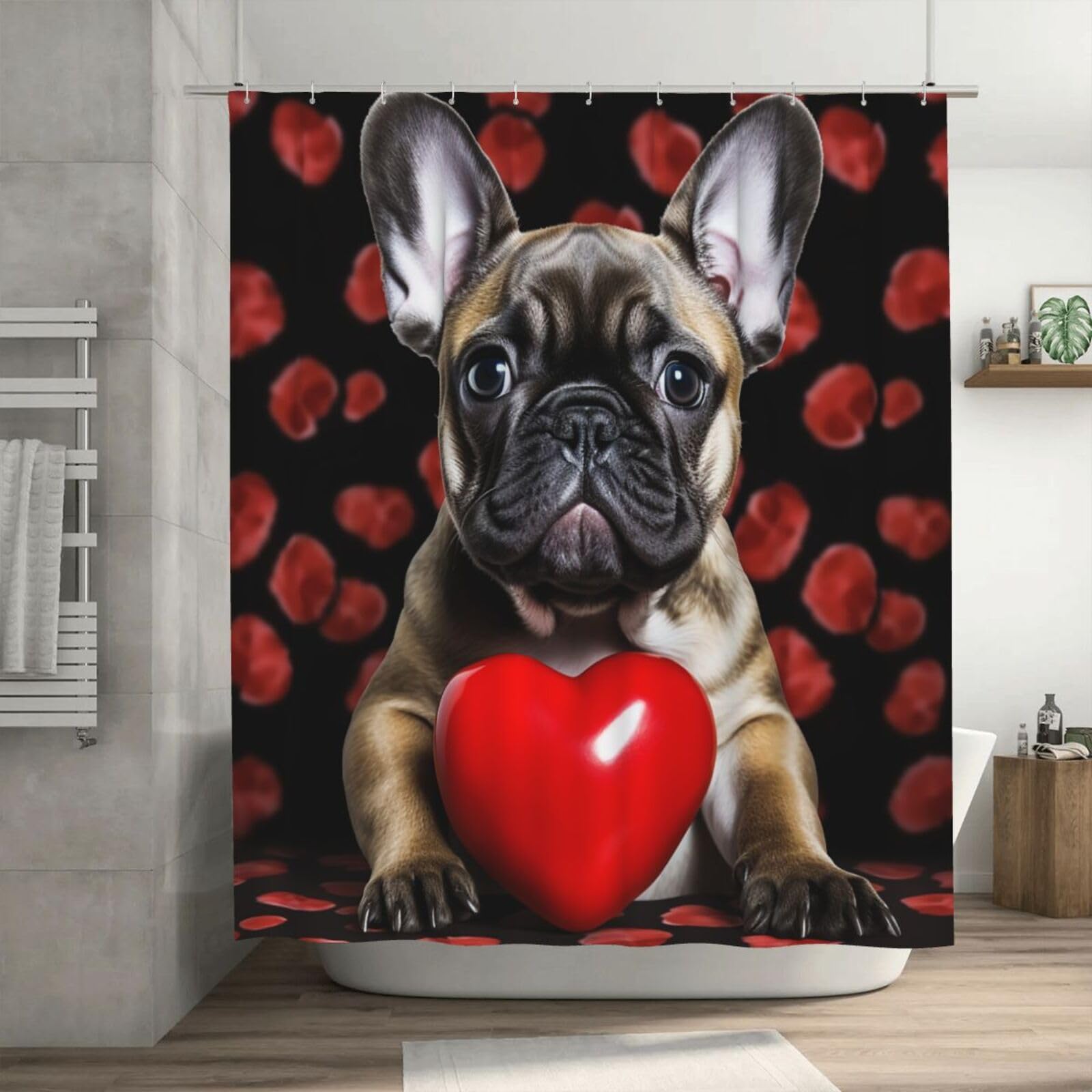Rideau de douche bouledogue étanche en textile ultra résistant avec anneaux