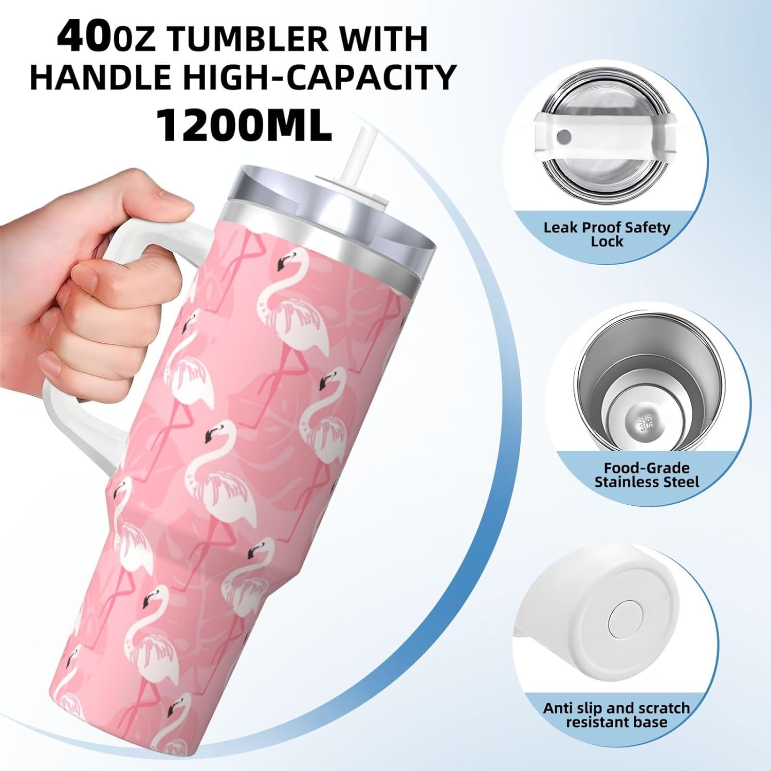 40 OZ Summer Flamingo Palm Leaves Print Ice Bully Cup with Handle Straw Lid Straw,Stainless Steel Tumbler Coffee Cup