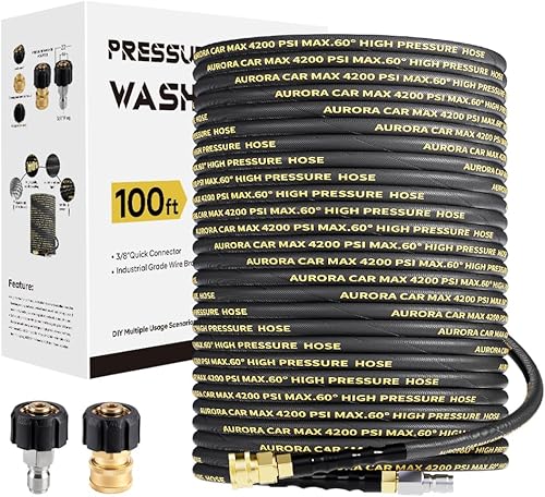 Miniatura 7 de AURORA CAR Pressure Washer Hose 50 ft with 38 Inch Quick Connect, Kink Resistant High Tensile Wire Braided,with 2 pcs M22 14mm Adapter Set, 4200 PSI