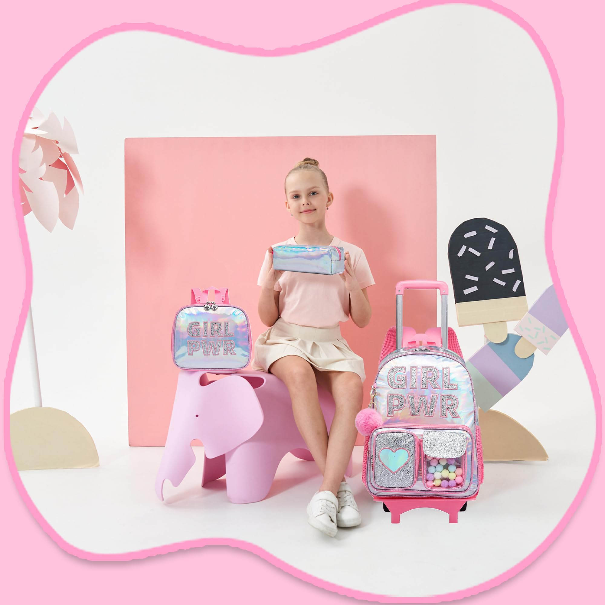 HTgroce Cartable a Roulette Fille Sac a Dos Roulette Fille Sac à Lunch et étui à Crayons Inclus cp,ce1,ce2