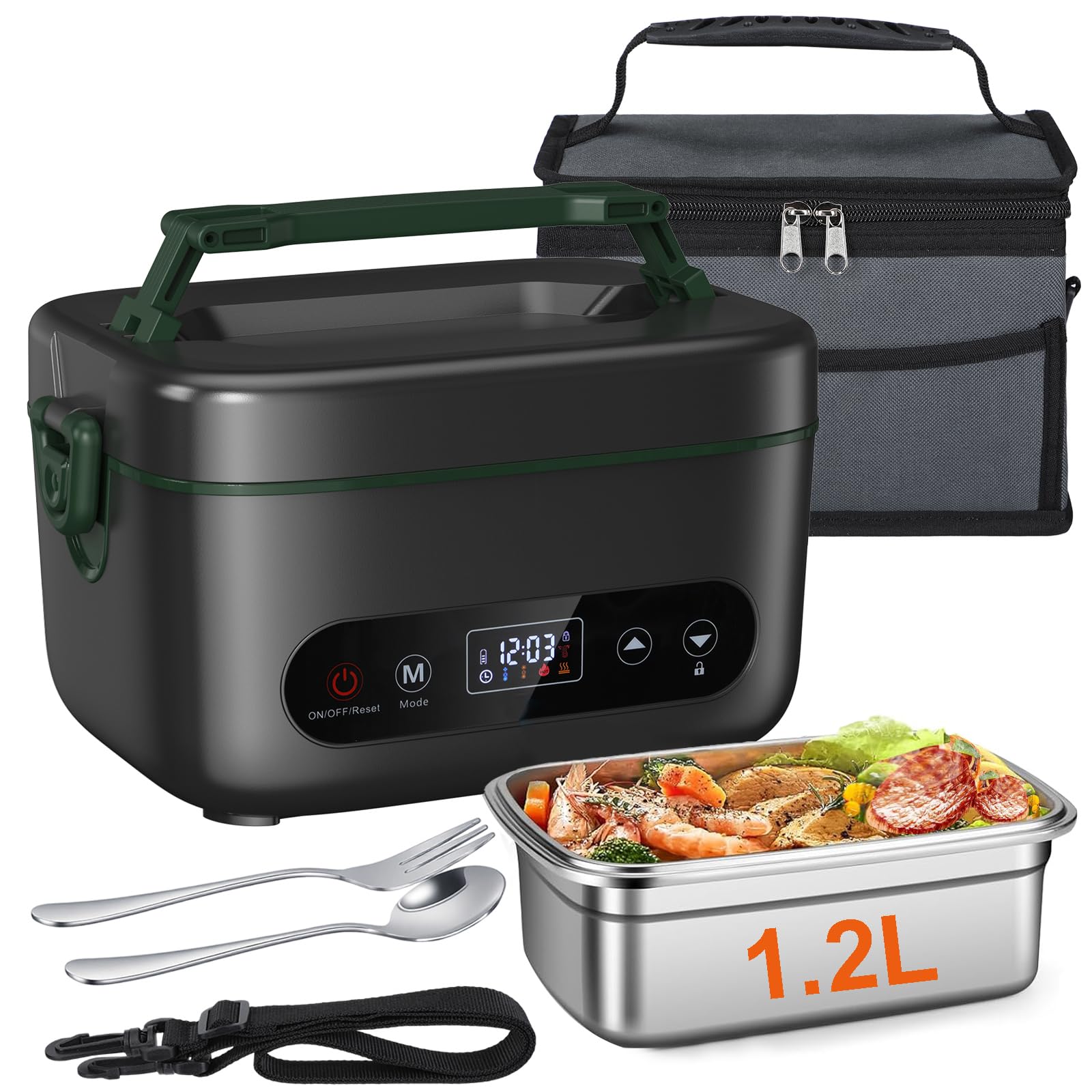Anpress 100W Cordless Electric Lunch Box for Adults 24000mAh Heated Lunch Box Battery Powered 1.2L Self-Heating Lunchbox Portable Food Warmer with Insulated Bag for Men/Car/Truck/Office/Work (Black)