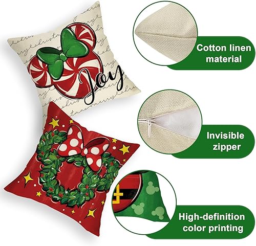 Miniatura 6 de Juego de 4 fundas de almohada decorativas de ratón de Navidad de 20 x 20 pulgadas, decoración de funda de cojín de lunares con corona de caramelo de