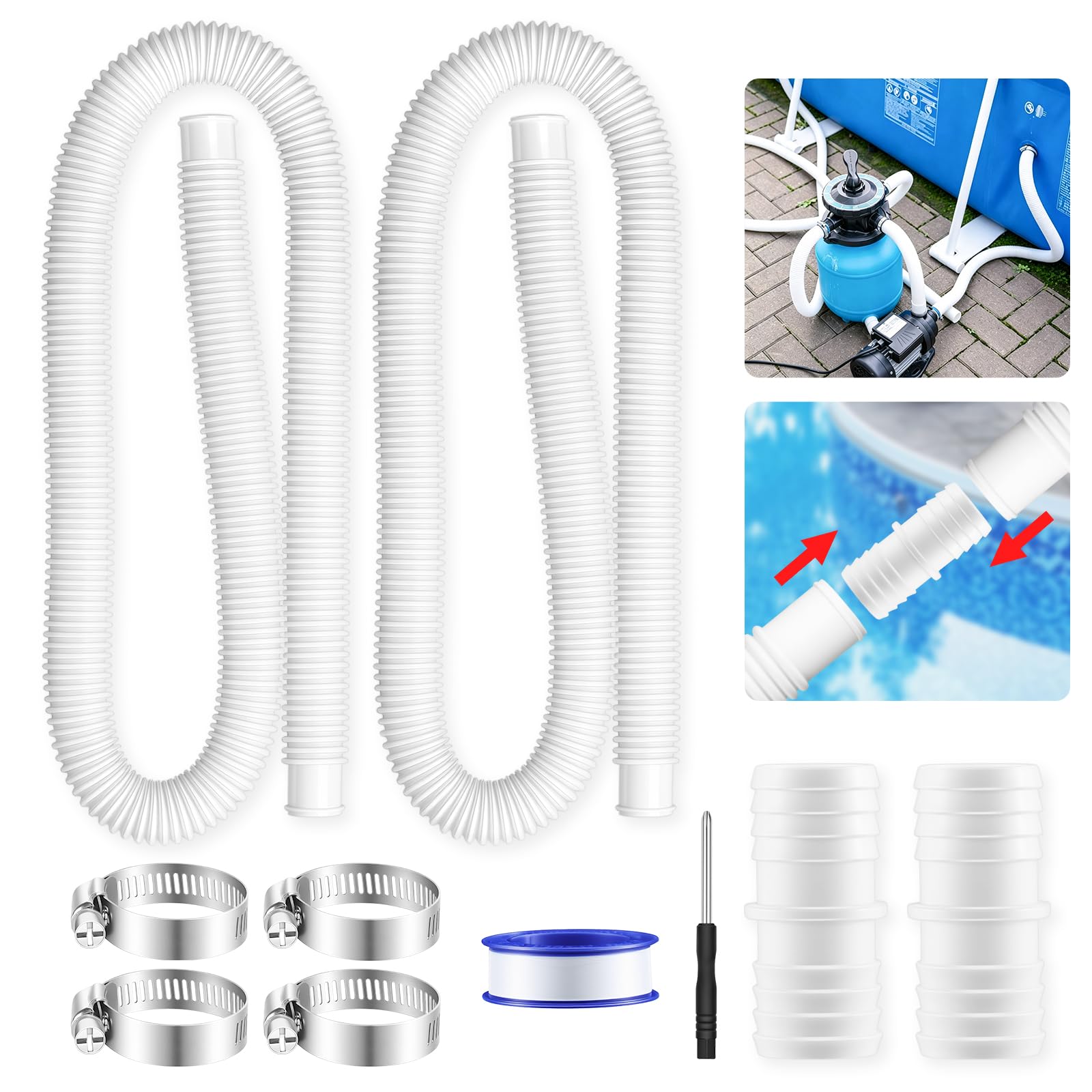 Lot de 2 Tuyaux Pour Piscine Hors-Sol 32mmx150cm, Kit de Tuyau de Piscine En PE Comprenant 4 Colliers de Serrage Métalliques de Sécurité, 2 Adaptateur de Tuyau,1 Ruban d'Étanchéité,1 Tournevis