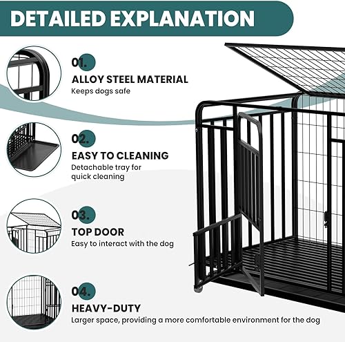 Miniatura 6 de 43.3 Inch Escape Proof Dog Cage for Medium Dogs, Heavy Duty Three-Door Dog Crate with Lockable Wheels and Removable Tray (43.3x29.5x35.4 in)