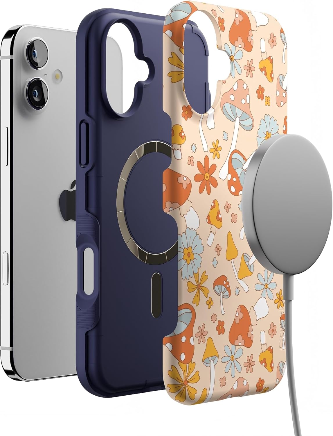 Casely iPhone 16 Case | Mushroom Magic | Retro Floral | Bold Protective Design | Compatible with MagSafe