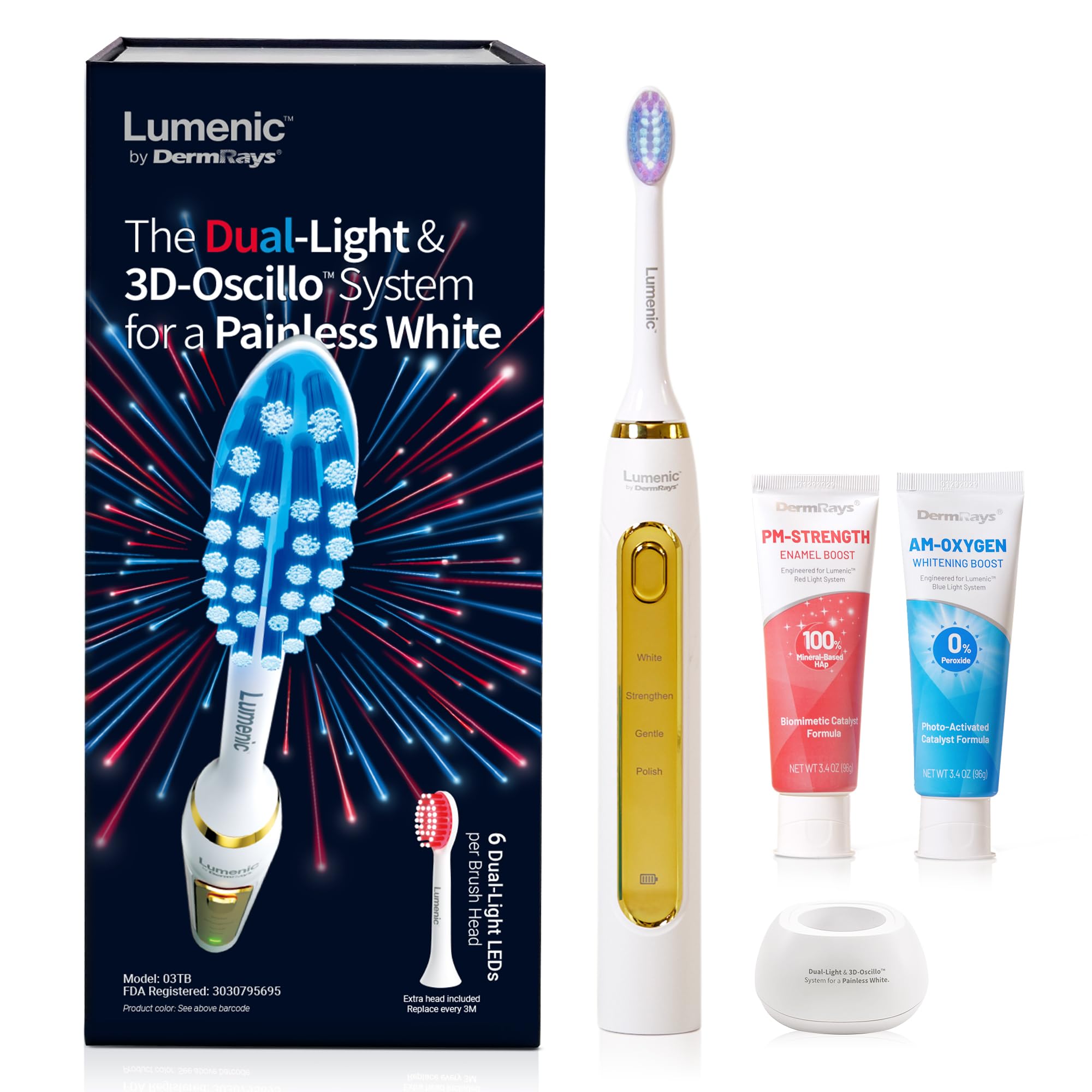 DermRays Lumenic Dual-Light Schallzahnbürste, Rot & Blau LED für Zahnfleischpflege & Aufhellung, 4 Modi, USB aufladbar, mit Tag & Nacht Zahnpasta, Gold