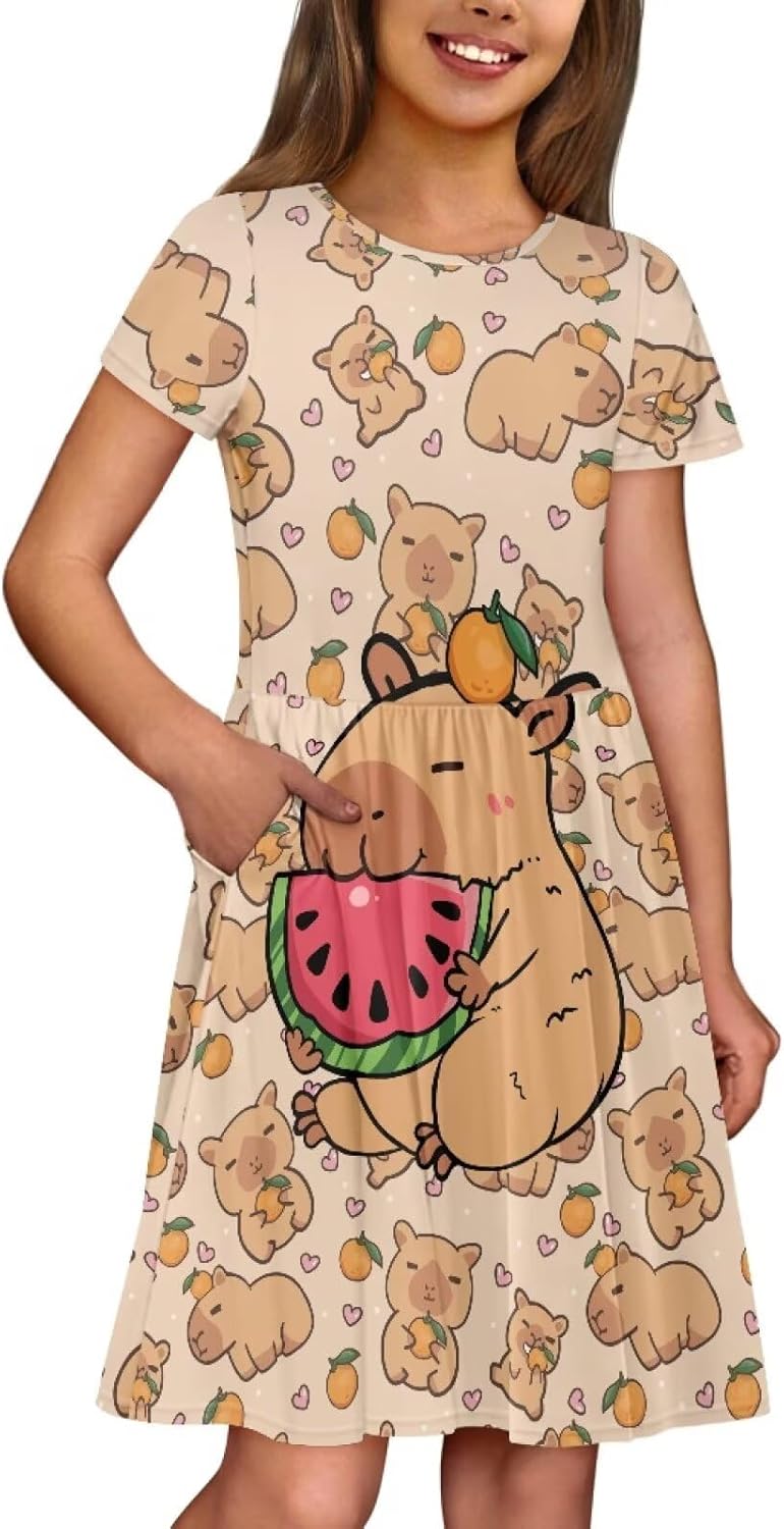 Girls Short Sleeve Casual Swing Midi Dress with Pockets for 4-14 Kids - Image 2