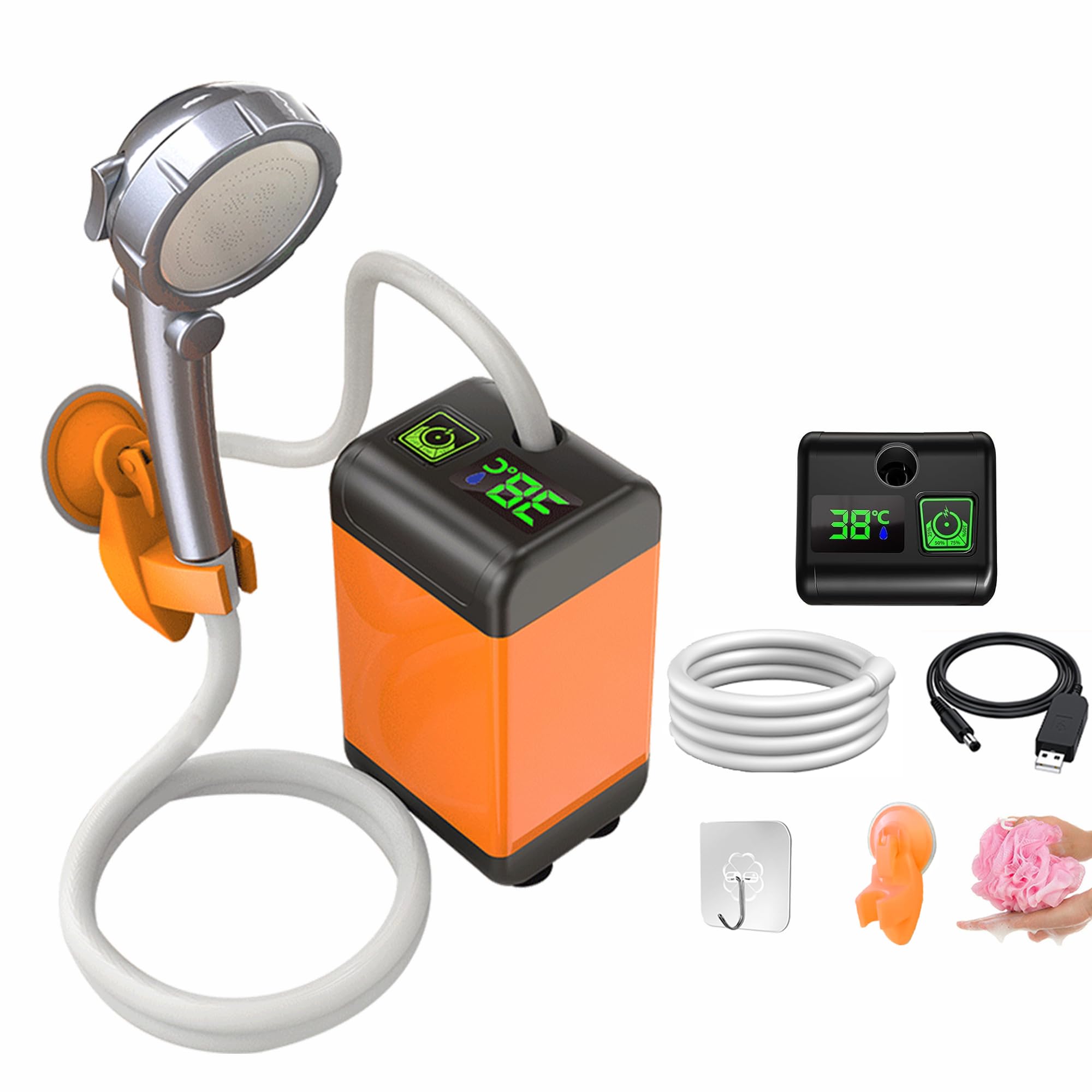 NMM Draagbare campingdouche met pomp, campingdouche outdoor met oplaadbare 6000 mAh en temperatuurweergave, mobiele doucheset met douchekop en 2 m slang voor wandelen, reizen, strand, huisdier