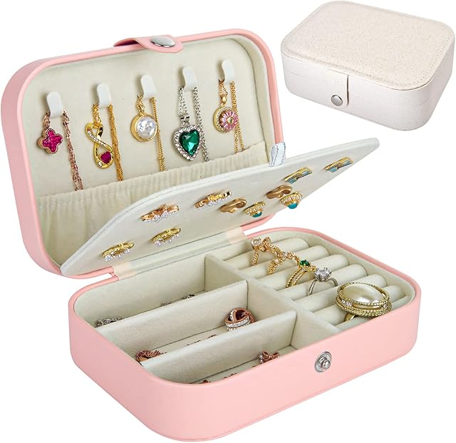 JMIATRY 2 Pcs Jewellery Box Organiser, Small Travel PU Leather Jewellery Storage Case for Girls Women, Multi-Compartment Travel Jewellery Box for Rings Earrings Necklace Bracelets, Pink and White