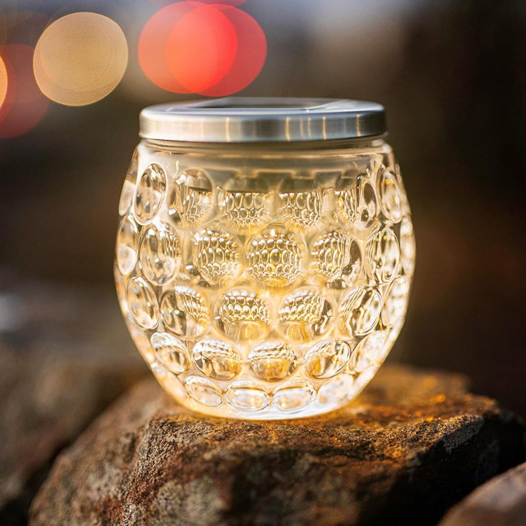 Garden Mile Dimpled Glass Jar Solar Garden Lights Solar Powered Waterproof Warm White LED Lights Outdoor Table Top Lighting, Large Decorative Patio Table Lighting Garden Ornaments