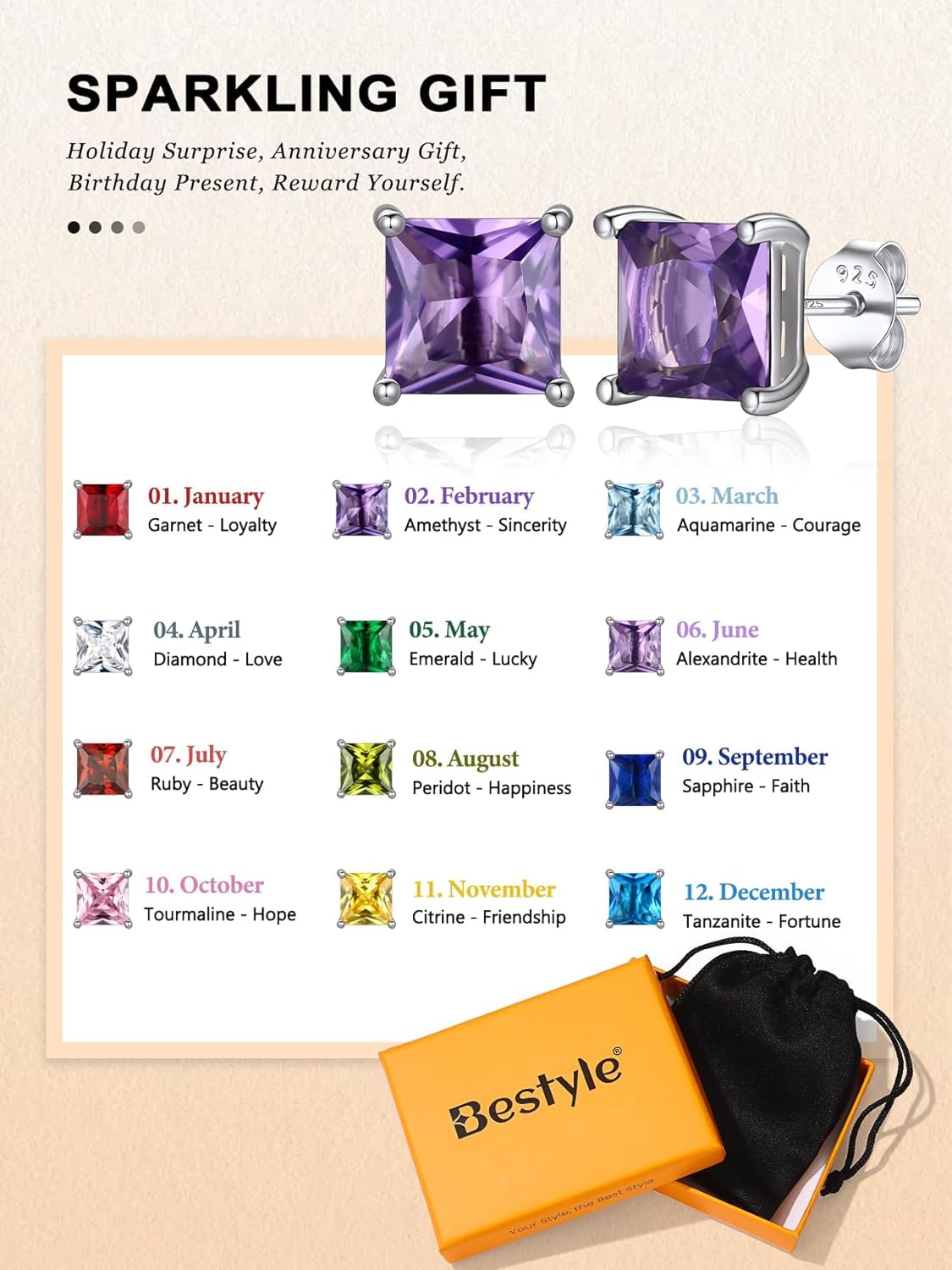 Bestyle 925 Sterling Silver 2CT Birthstone Stud Earrings for Women, Hypoallergenic Heart/Round/Square Cubic Zirconia Earrings Dainty Jewelry Gifts for Birthday,Christmas,Valentine's Day - Image 8