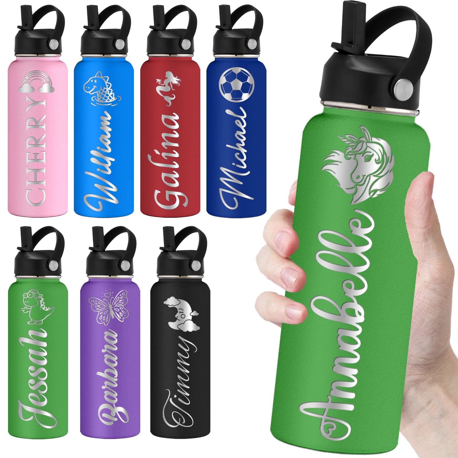 Personalized Water Bottles with Straw 40oz Custom Engraved Water Bottle for School Customized Name Double Wall Insulated-Green