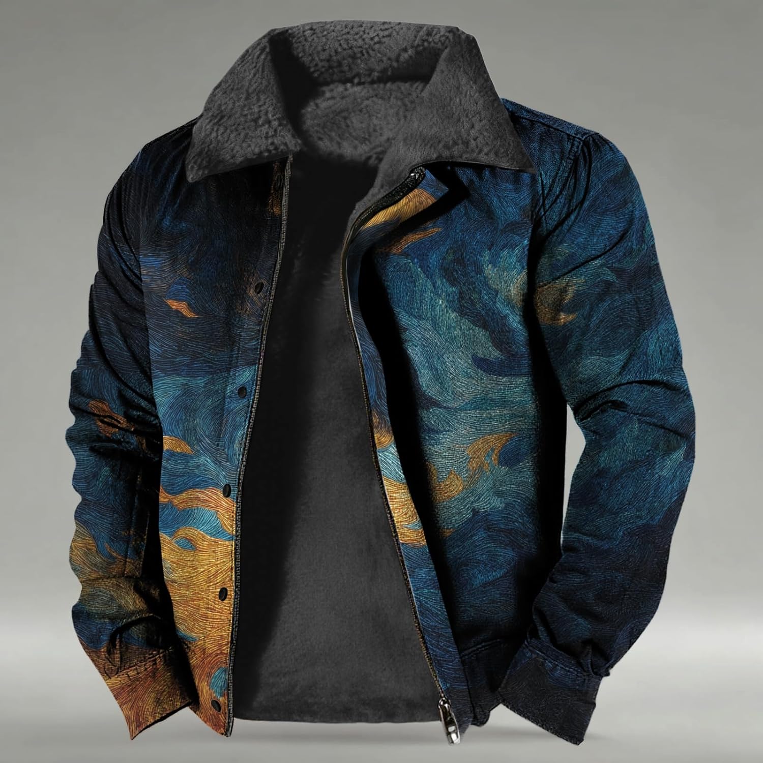 Western Jackets For Men 2025 Casual Long Sleeve Sherpa Fleece Vintage Ethnic Print Fashion Cowboy Warm Zip Up Coats - Image 2