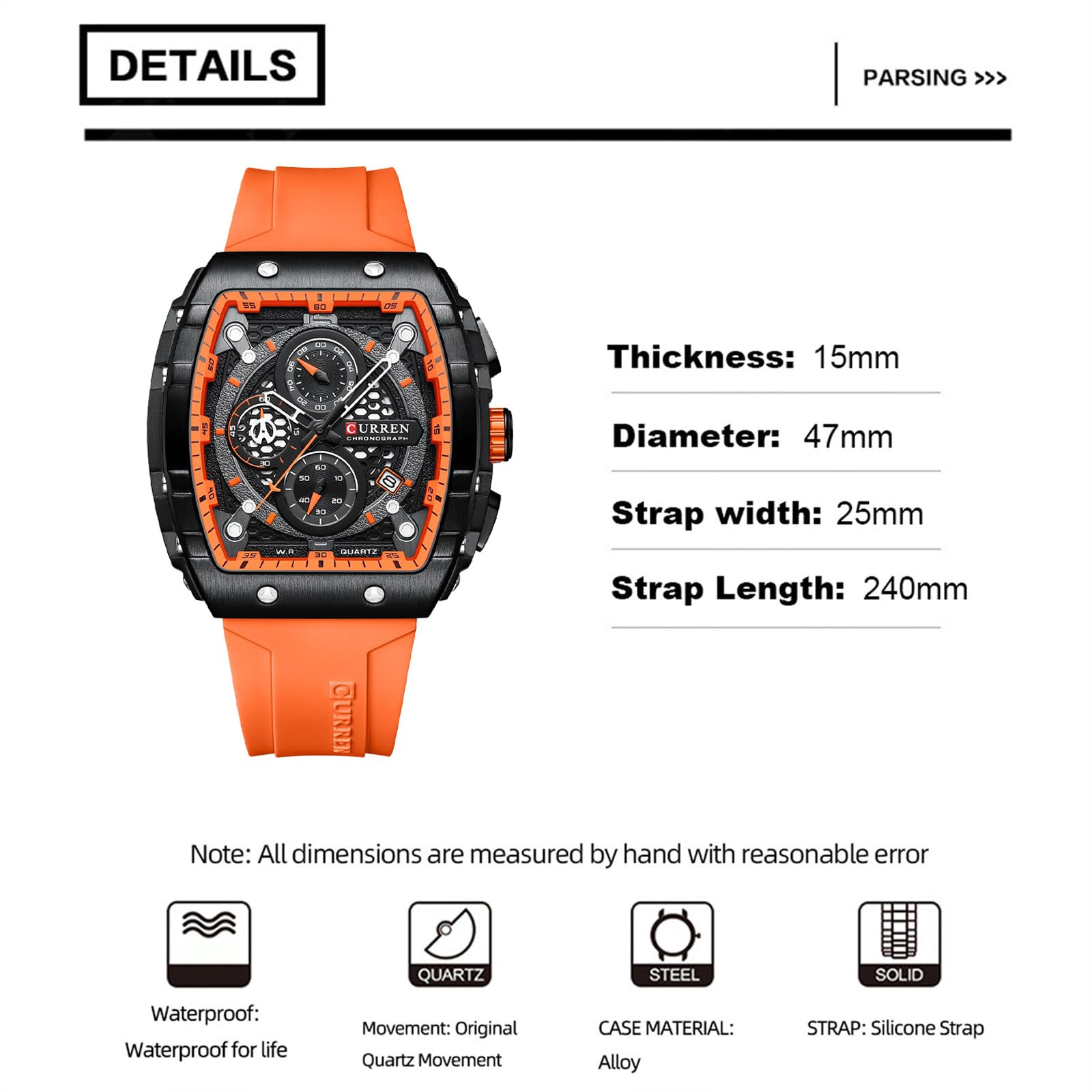 FORSINING Montre analogique à quartz pour homme - Grand cadran rectangulaire - Bracelet en silicone - Étanche - Calendrier - Date