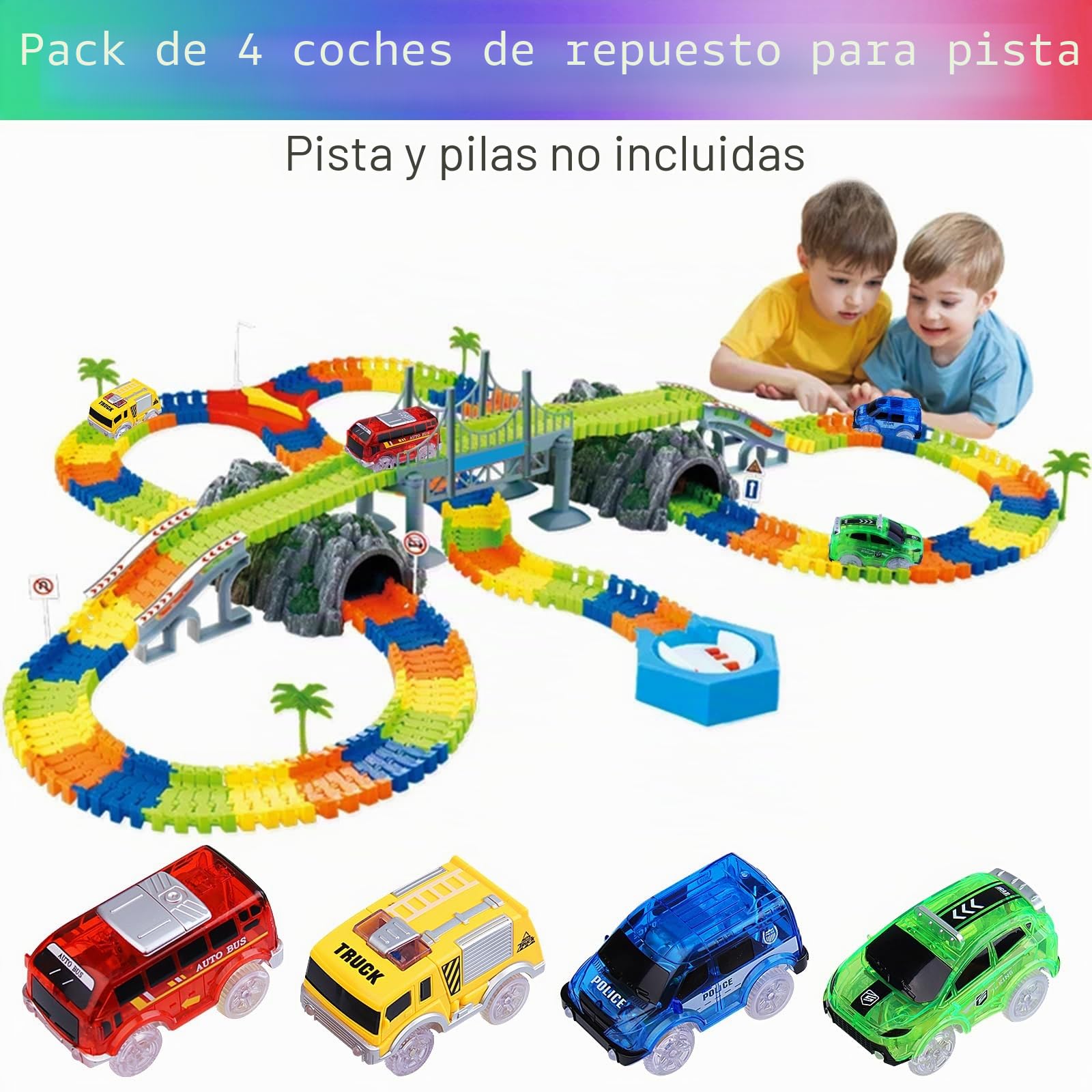 Coches Para Niños Mágicos Que Brillan en la Oscuridad - Paquete de 4 Autos de Pista Con Accesorio Compatible Con La Mayoría de Las Pistas - Para Edades 2-8 Años