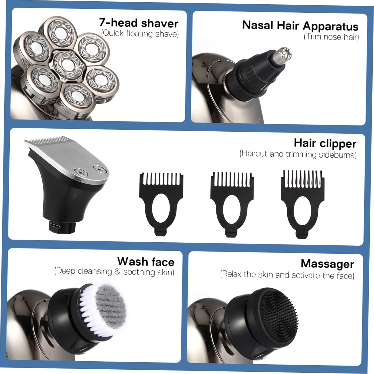 Electric Shaver 7 Blades Rechargeable LED Display Hair Clipper for Men Nose Hair Trimmer Bald Head Grooming Kit Wet/Dry Use