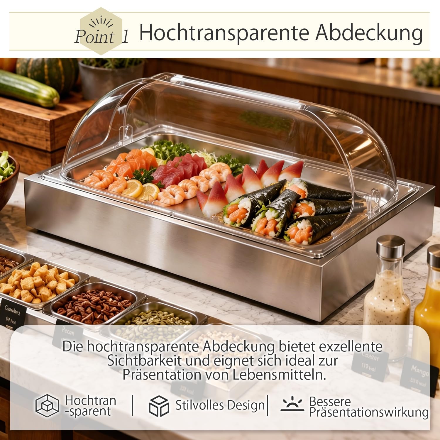 Kurflo Kühl Servierplatte | 58x37x23cm | GN 1/1 Kühlplatte mit Haube, System Kühlschale mit Kühlakku | Frischhalteplatte, Servierhaube mit 2 Kühlakkus | Edelstahl Catering Platte, Buffetvitrine