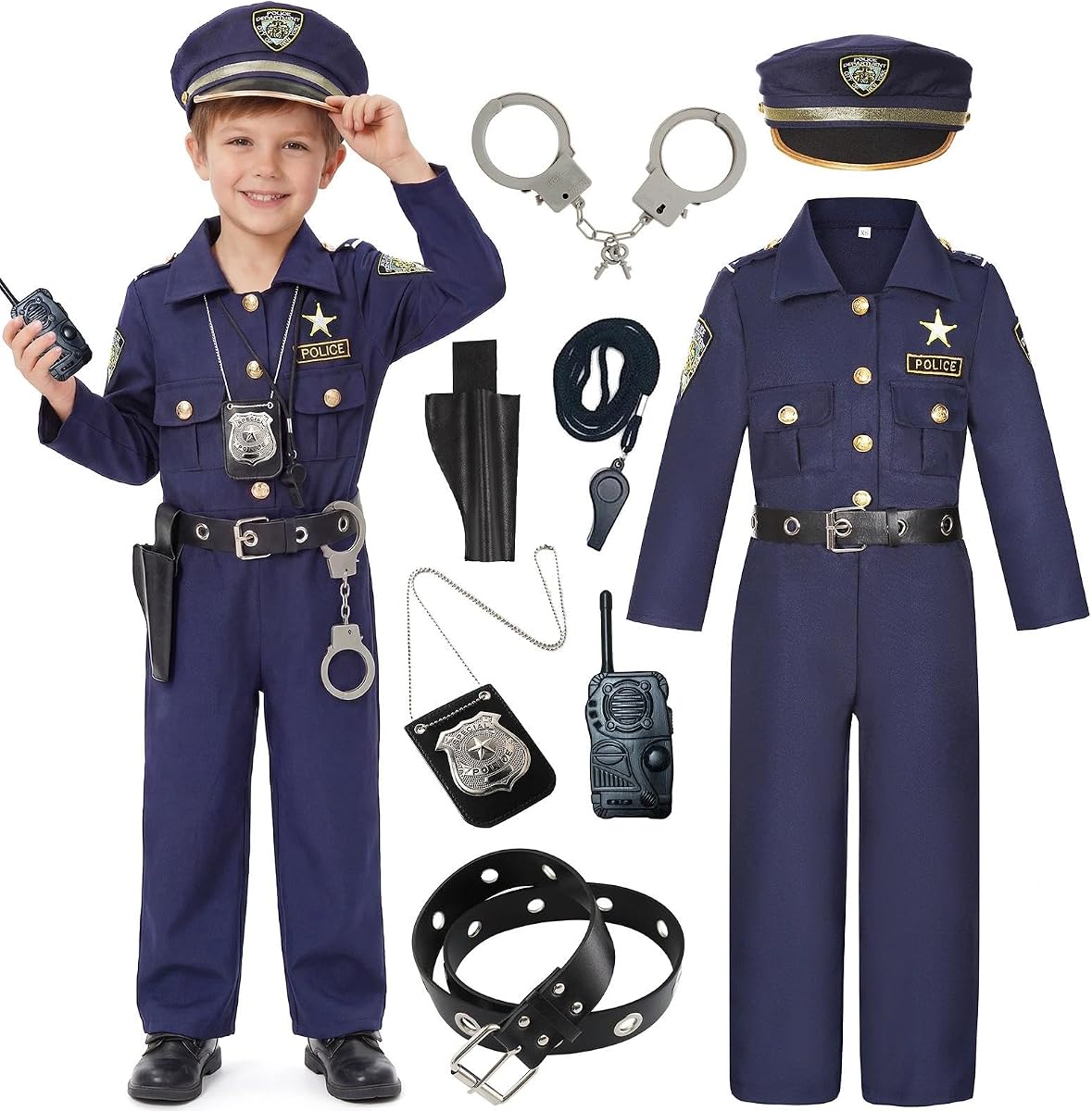 Police Officer Costume for Kids Deluxe Cop Police Costume for Boys Pretend Play Set Halloween Cosplay Party