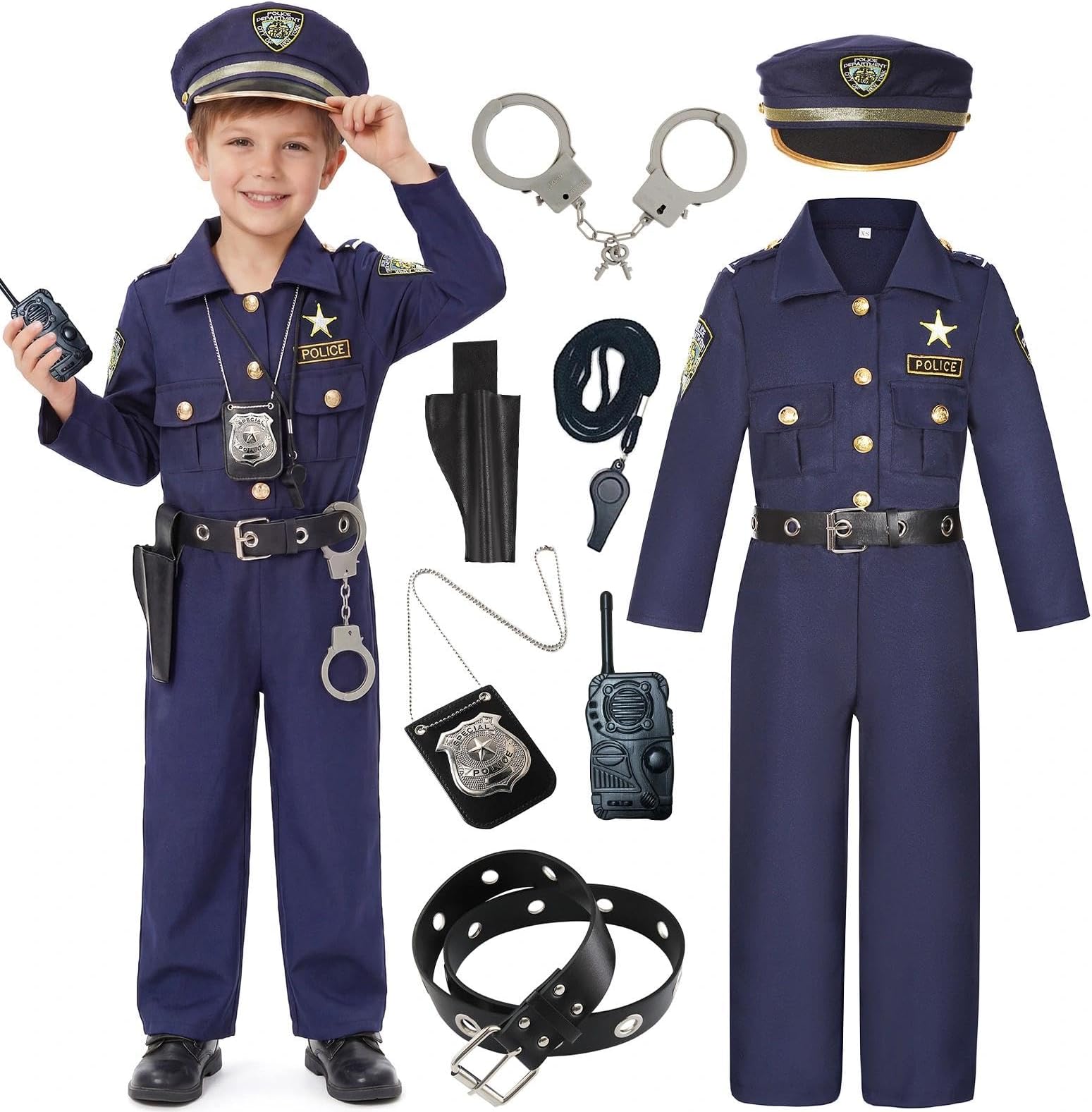 Police Officer Costume for Kids Deluxe Cop Police Costume for Boys Pretend Play Set Halloween Cosplay Party