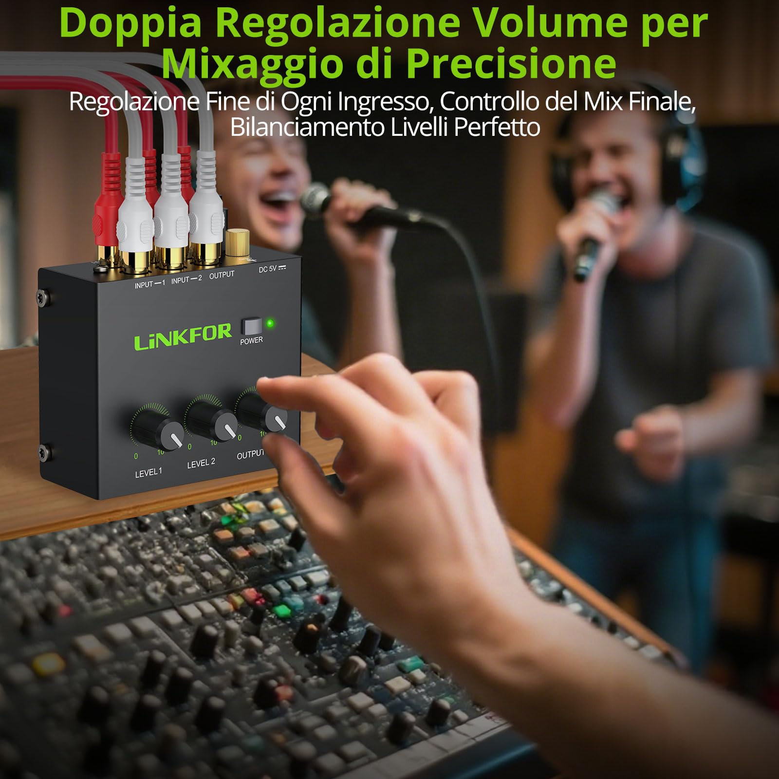 LiNKFOR Mixer Audio Stereo 2 Canali Attivo Basso Rumore, Audio Stereo RCA Compatto con Connettori Dorati, Mixer RCA 2 Canali con Controllo Volume Indipendente per PC/TV/Game