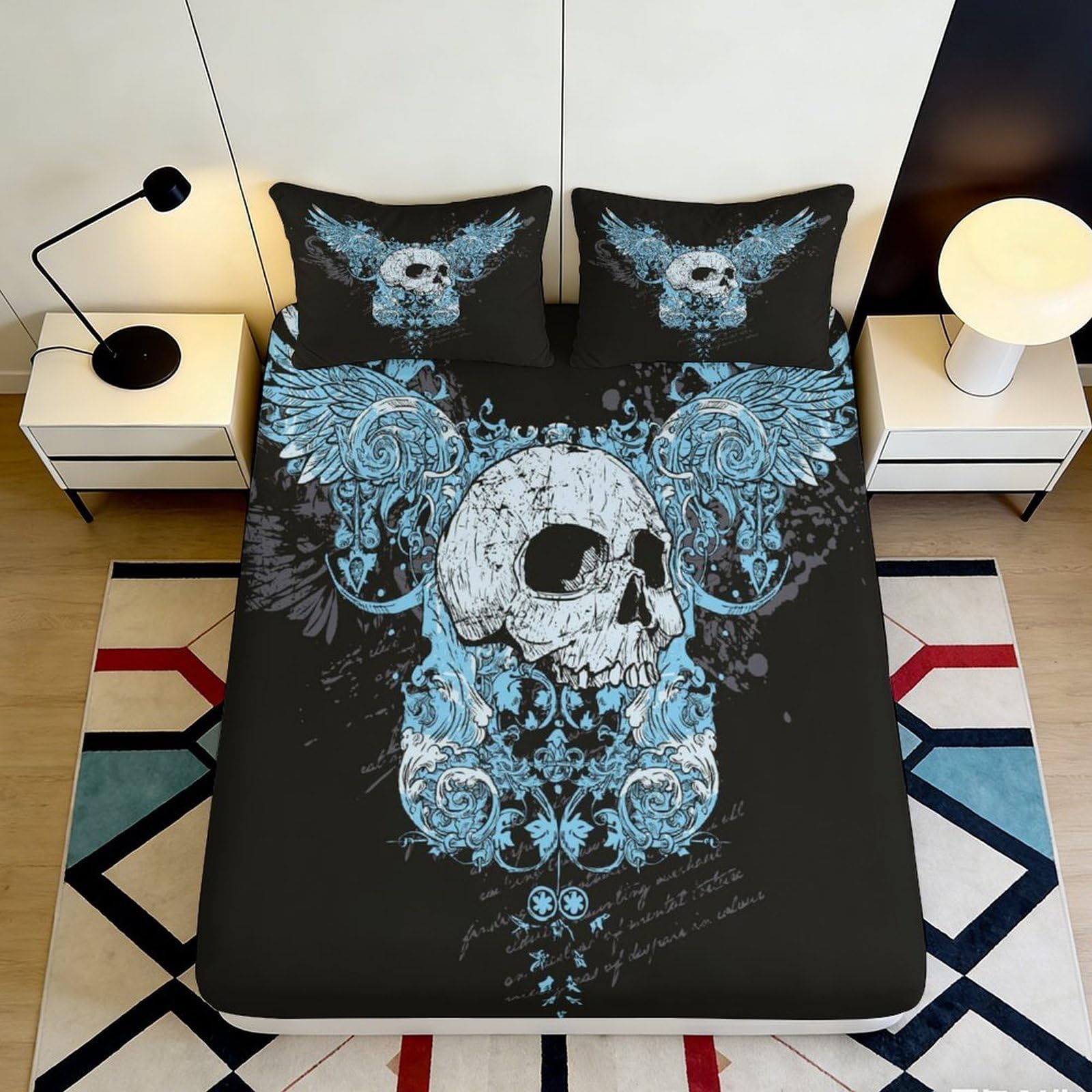 3D Printed Skull Wings Fitted Sheet Microfiber Black Blue Gothic Mattress Cover for Bedroom Dorm Protective Decor 90x200x25cm