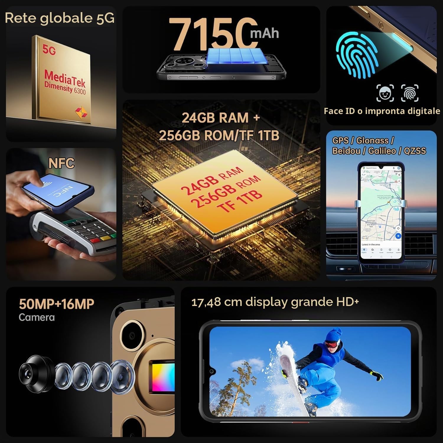 FOSSiBOT F112 Pro -24GB+256GB/1TB 5G Rugged Smartphone, 6.88" FHD 120Hz Display, MTK Dimensity 6300+ Telefono Indistruttibile, 50MP AI Camera, 7150mAh, Android 14 cellulare, 5G Dual SIM, IP68/IP69K