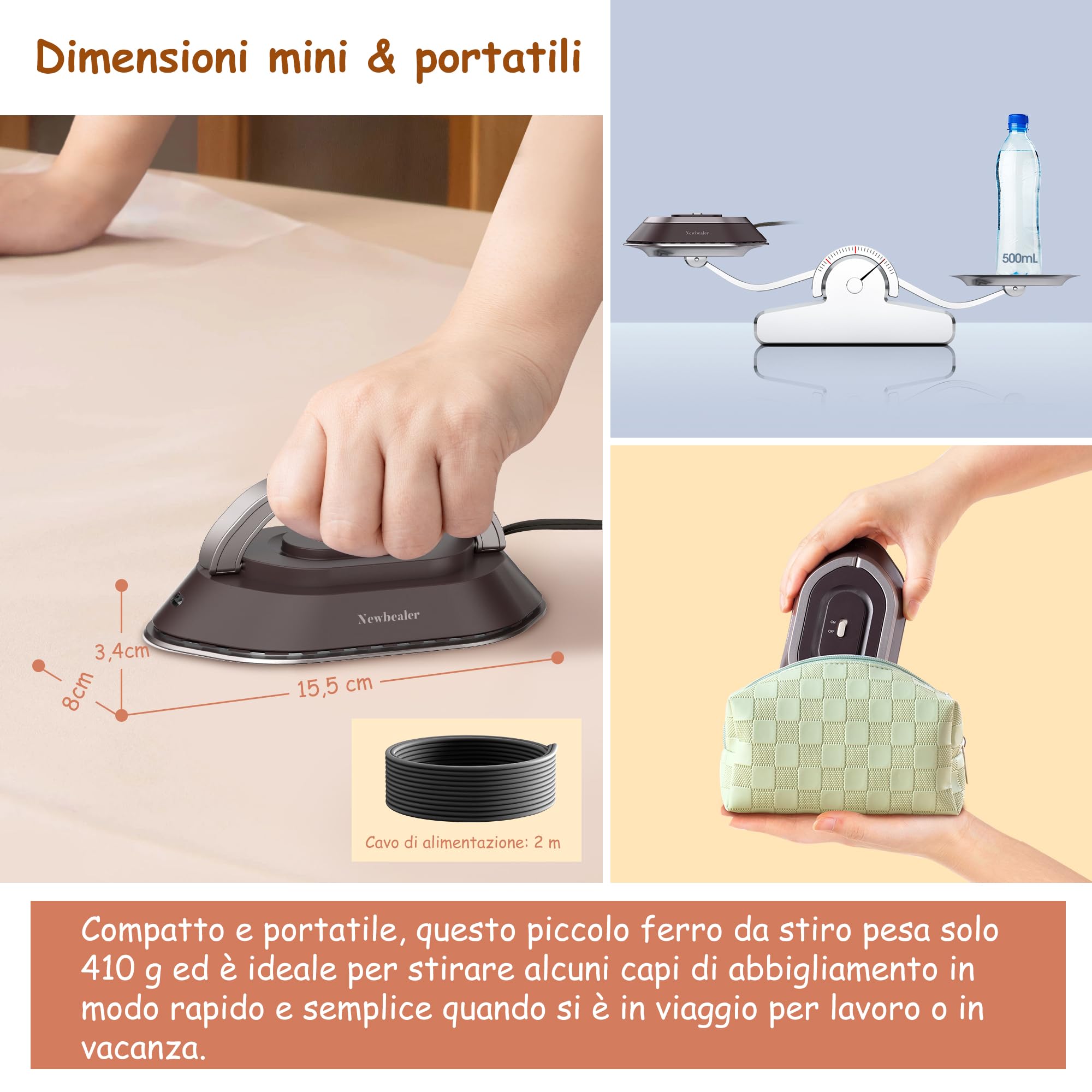 Newbealer Ferro da Stiro da Viaggio, Ferro da Viaggio Mini Portatile Leggera Compatto senza Vapore, Stirare i Vestiti, Tensione Universale 100-240V, Marrone