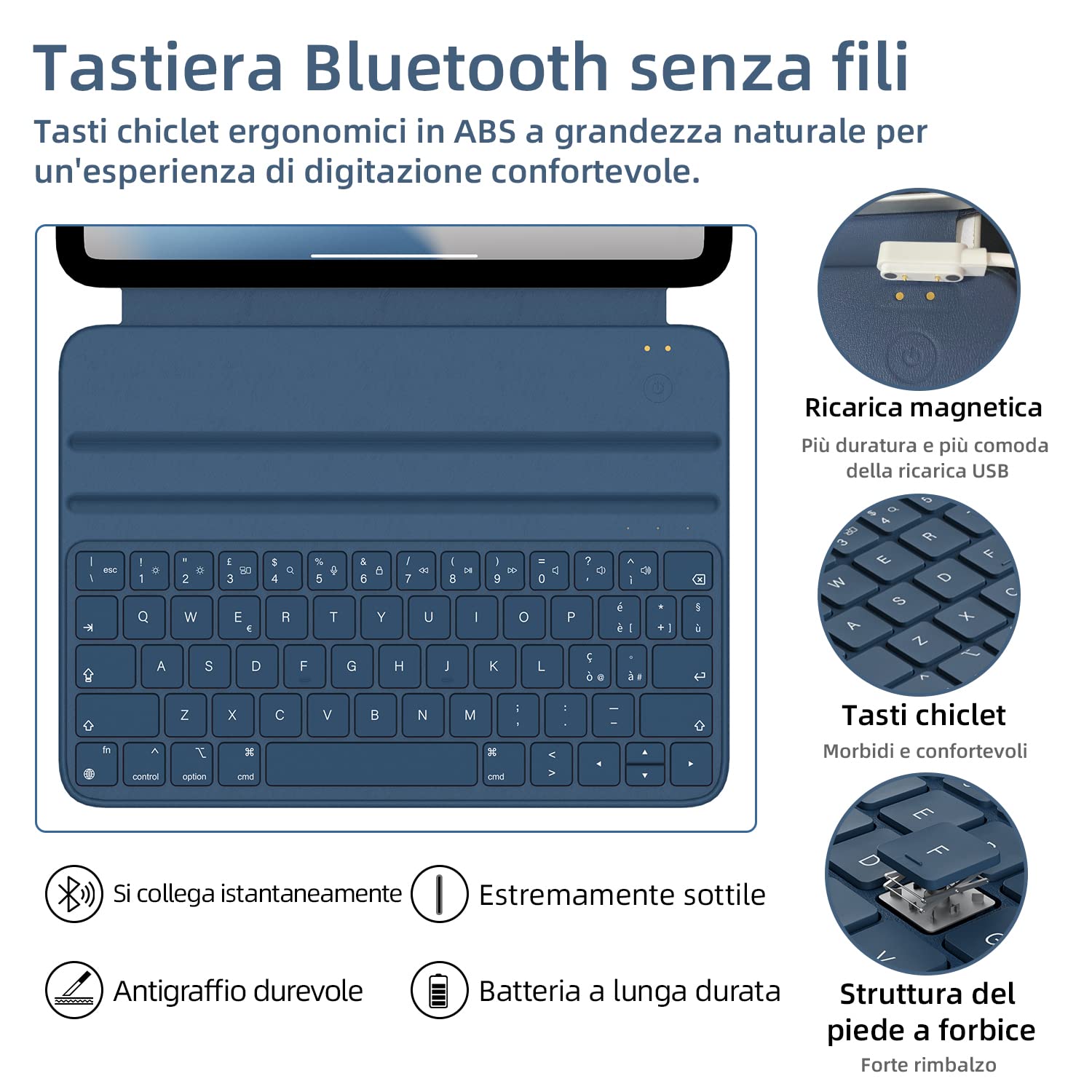 HOU Tastiera iPad Pro 11(4 °/3 °/2 °/1 °), iPad Air 11" 2024/5 Generazione(4 Generazione),QWERTY Disposizione Italiana,Ultra Slim,Angolo Regolabile,Carica Magnetica Blu