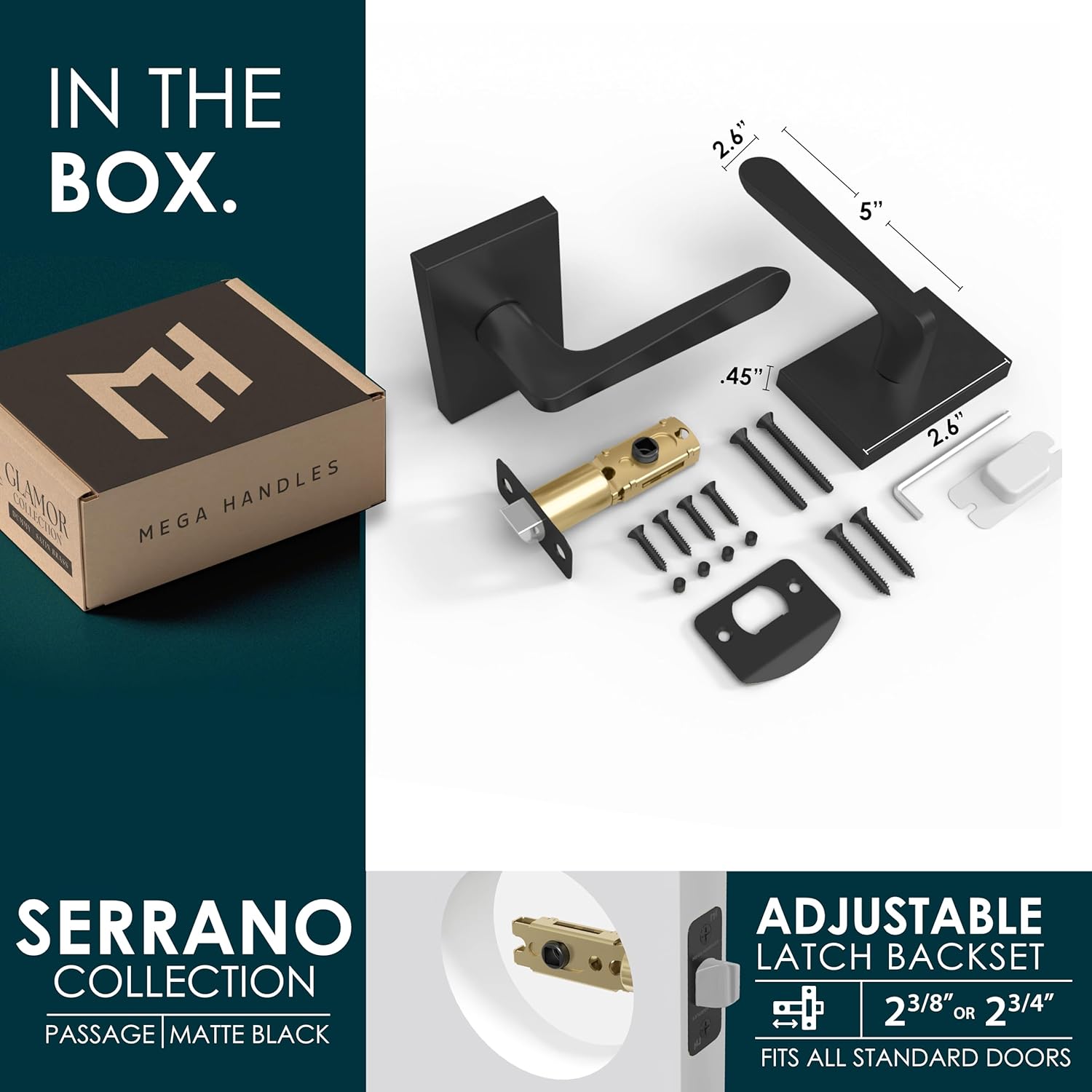 Mega Handles Serrano Passage Door Handle - 1 Pack Reversible Black Door Handle, Heavy Duty No Lock Door Handles Interior for Closet & Hallway, Fits All Standard Door Sizes - Matte Black