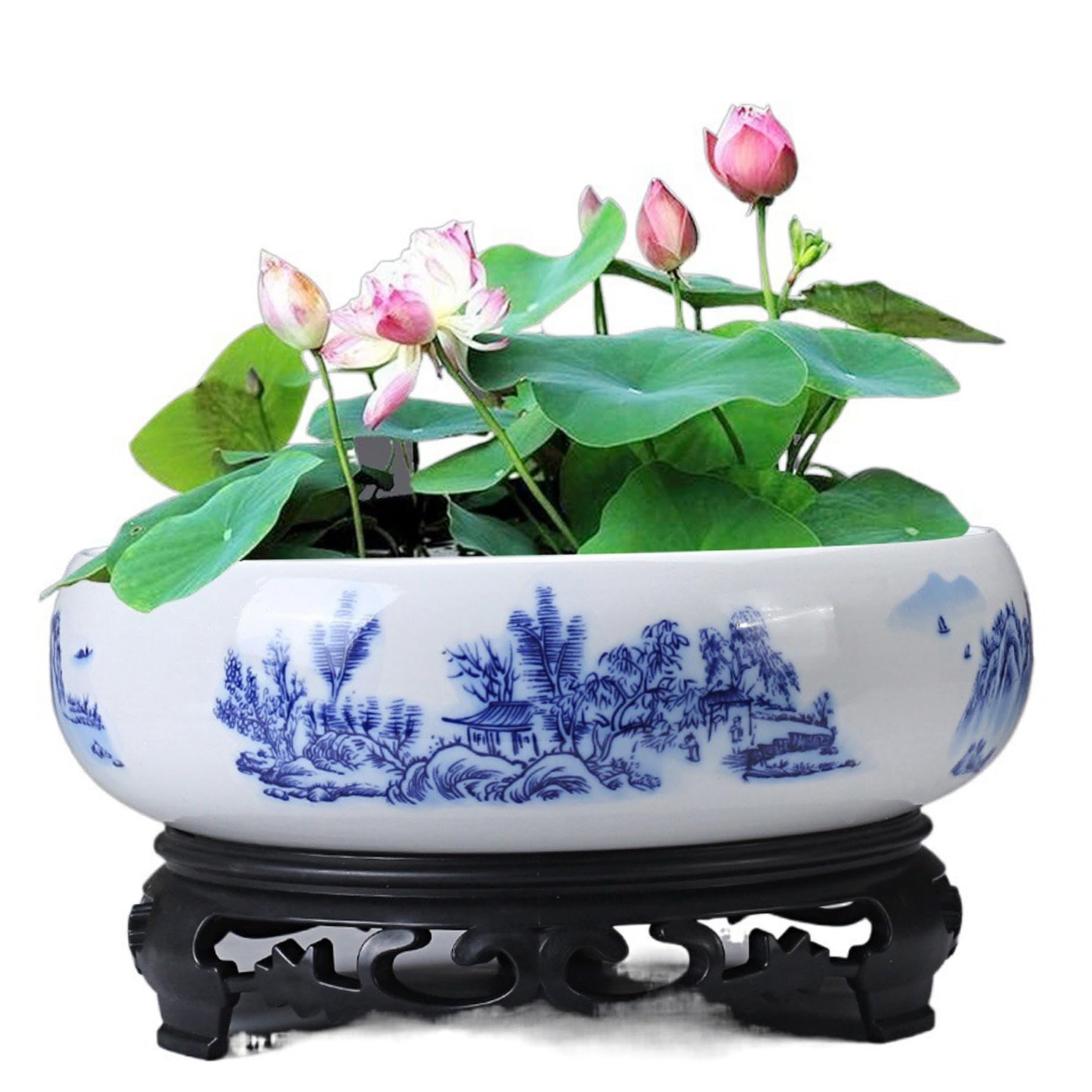 Lotus pot de fleurs en céramique bleue et blanche, pot décoratif rond pour jardin, balcon, bureau