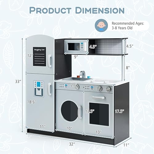 Miniatura 9 de Juego de cocina, juego de cocina de madera para niños con microondas, refrigerador, lavadora, fregadero, accesorios de cocina, hornos, juguetes de