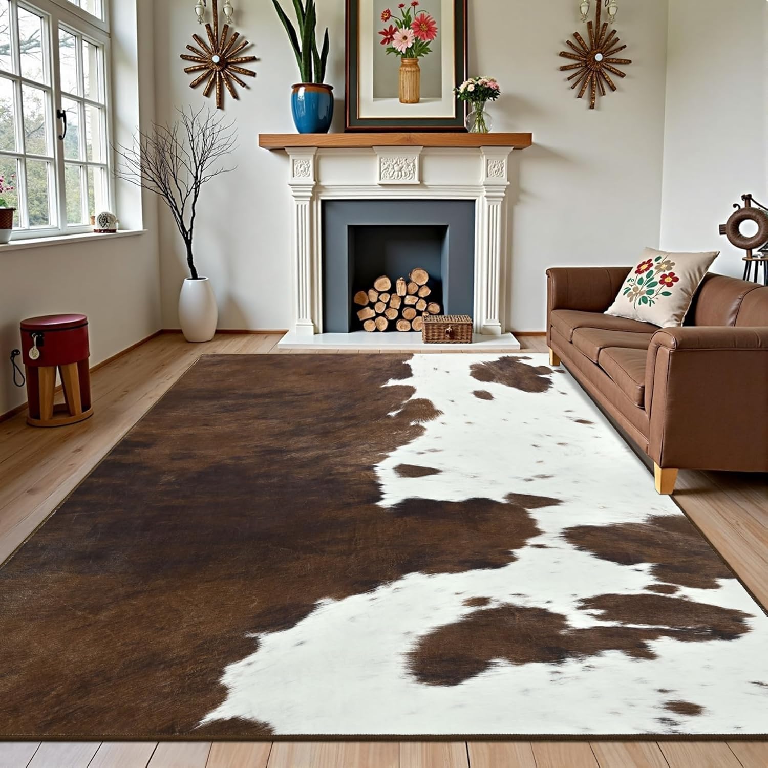 Houient Premium Faux Cowhide Accent Rug, 70x140cm, Vintage Brown Western Home Decor Animal Cow Print Throw Area Rugs, Lightweight Reduce Noise Large Carpet for Living Room Farmhouse