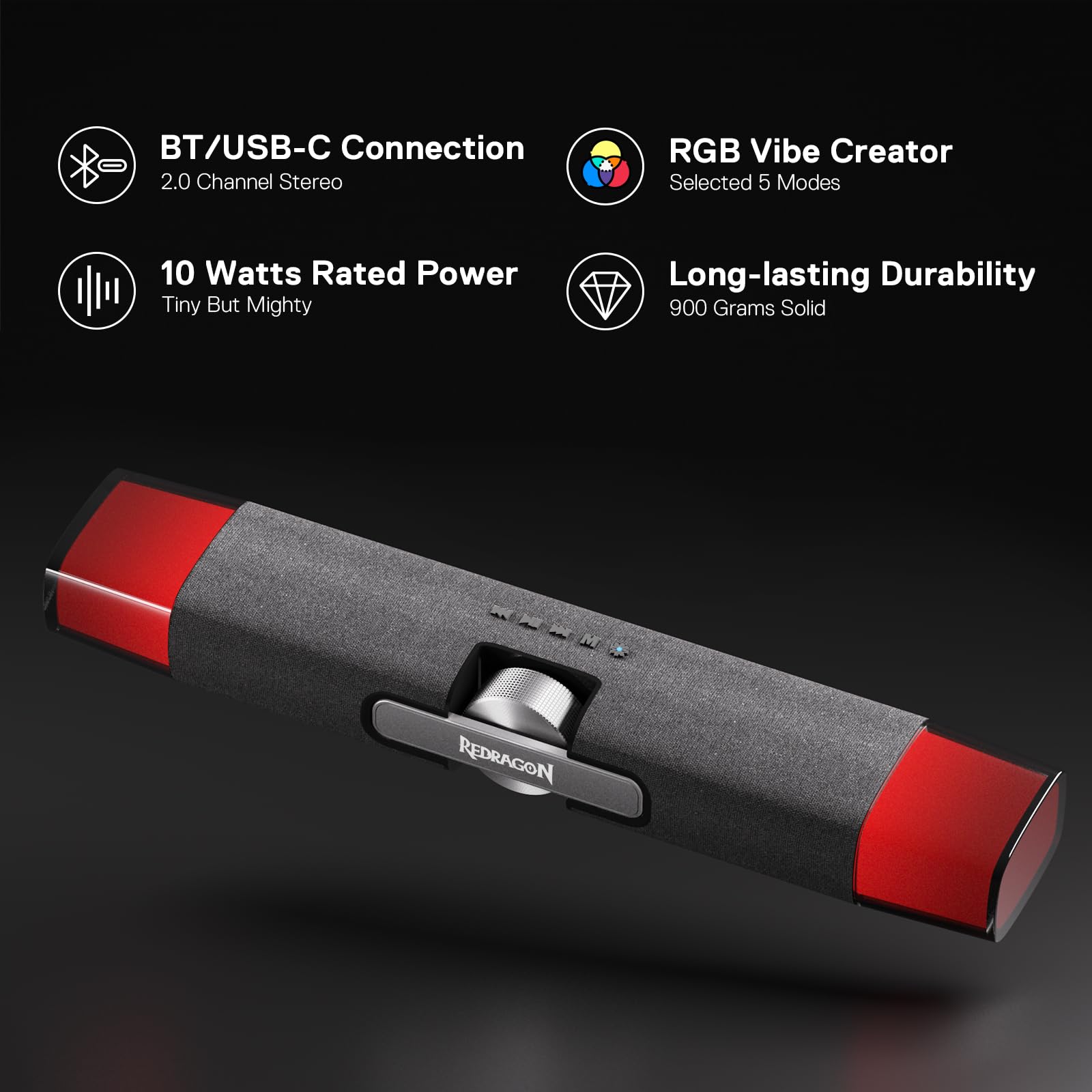 Redragon GS512 RGB Desktop Speakers, 2.0 PC Computer Stereo Soundbar w/BT 5.0/USB Mode, Max 5W x 2 Rich Sound, Crystal RGB Backlight and Easy-Access On-board Control, USB-C Powered