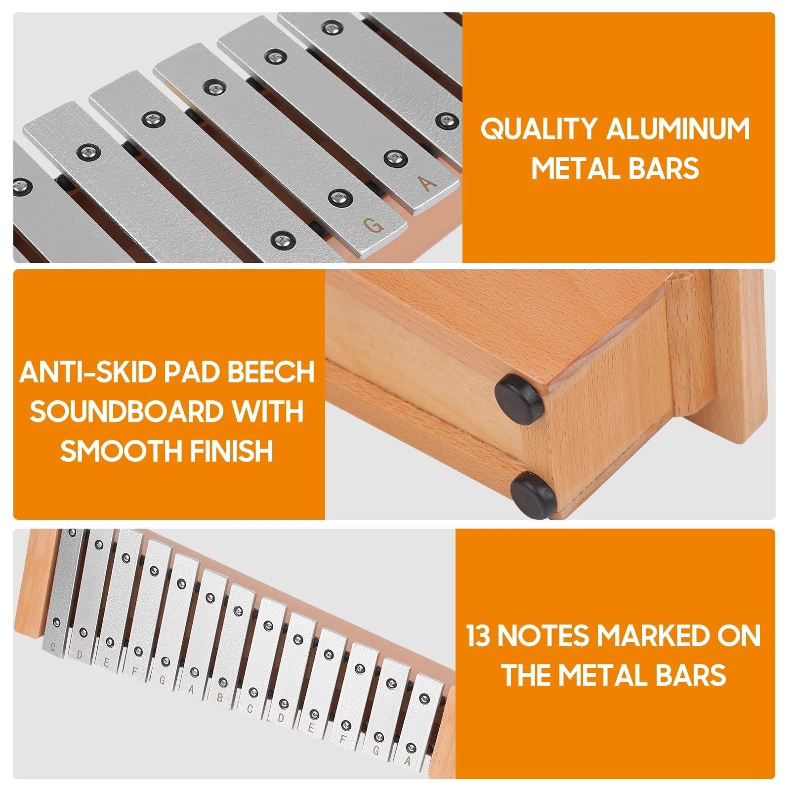 Xilófono Portátil De Aluminio Glockenspiel De 13 Notas Con Palos De Madera Bastante Portátil
