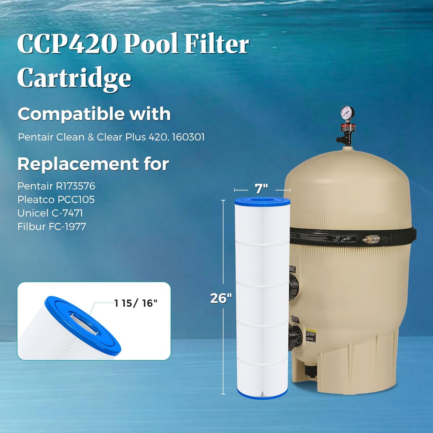 Cielvita CCP420 4 oz Media Pool Filter Cartridge Replacement for Pentair Clean & Clear Plus 420, Replaces Pleatco PCC105-PAK4, Pentair R173576, Filbur FC-1977, C-7471, 817-0106, 420 sq.ft, 4-Pack