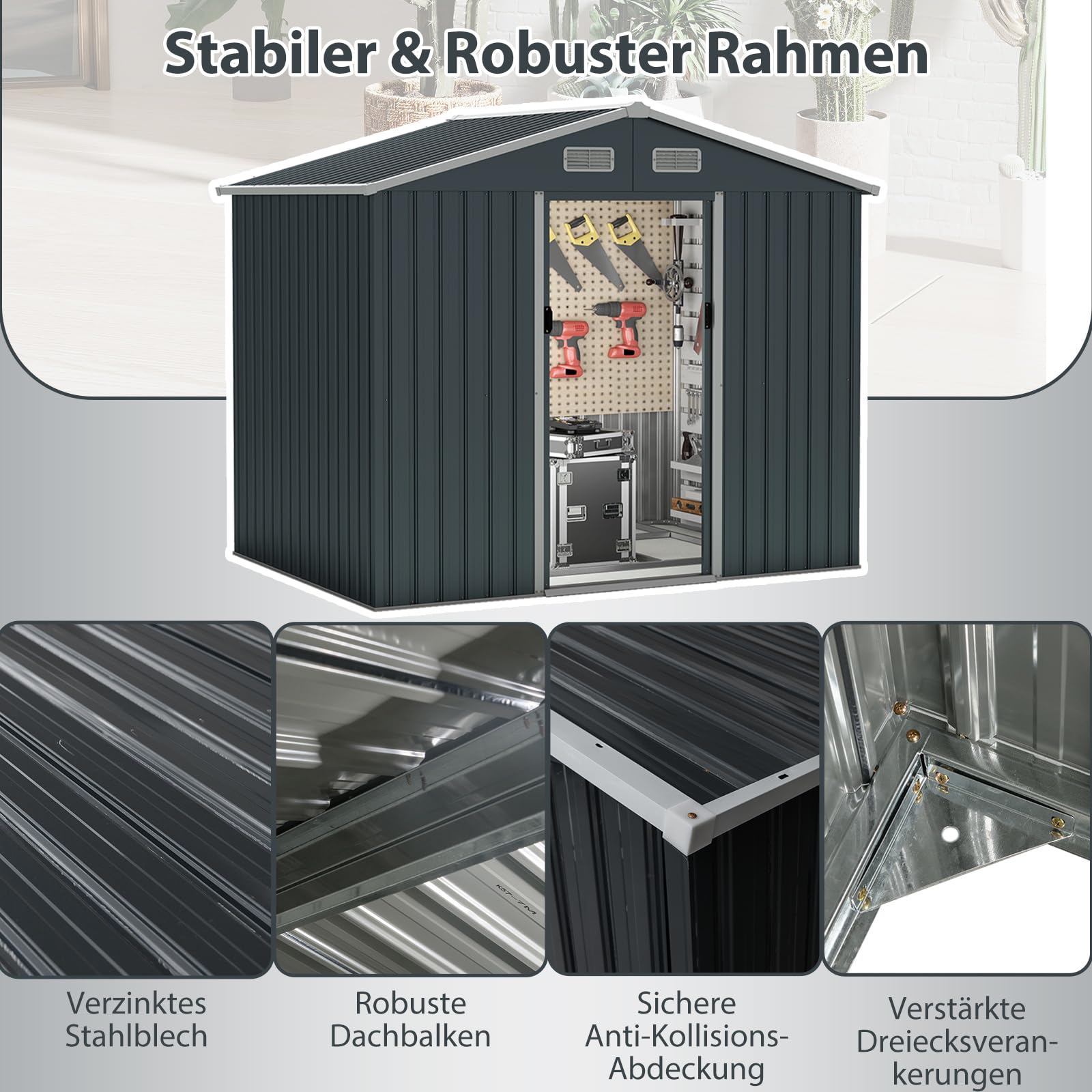 COSTWAY Geräteschuppen, Gerätehaus Metall mit Pultdach & Schiebetüren, Gartenhaus mit 4 Luftventile & Bodenbasis, Fahrradgarage Gartenschuppen für Garten, Rasen, Terrasse, 235 x 171 x 196 cm