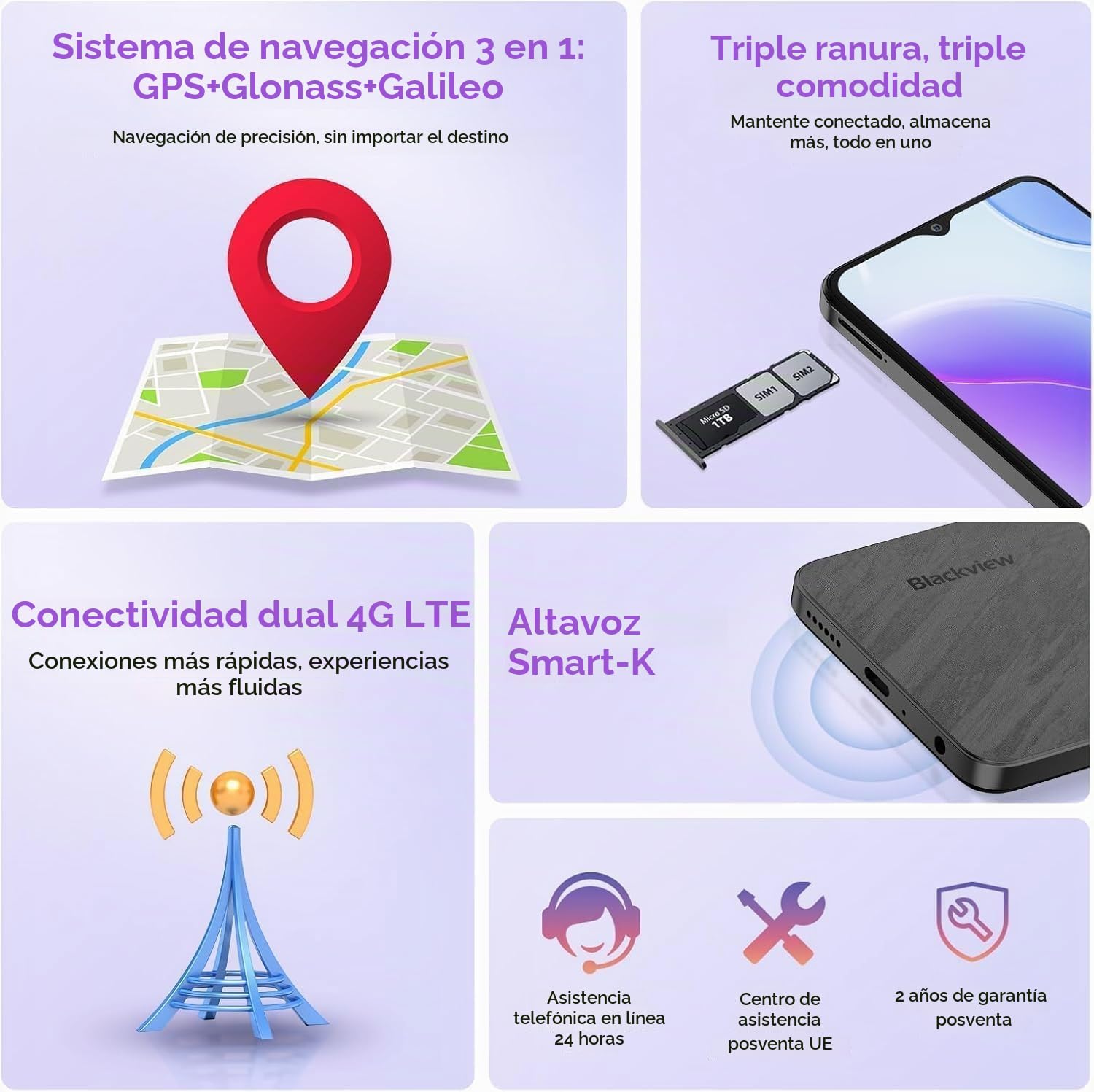 Blackview 2025 Teléfono Móvil 6GB+64GB/2TB, 6.56" HD+ IPS,Smartphone 13MP+8MP/4G Dual SIM/Octa-Core/Face ID/OTG/GPS/Funda de Móvil/3 Años de Garantía Móviles