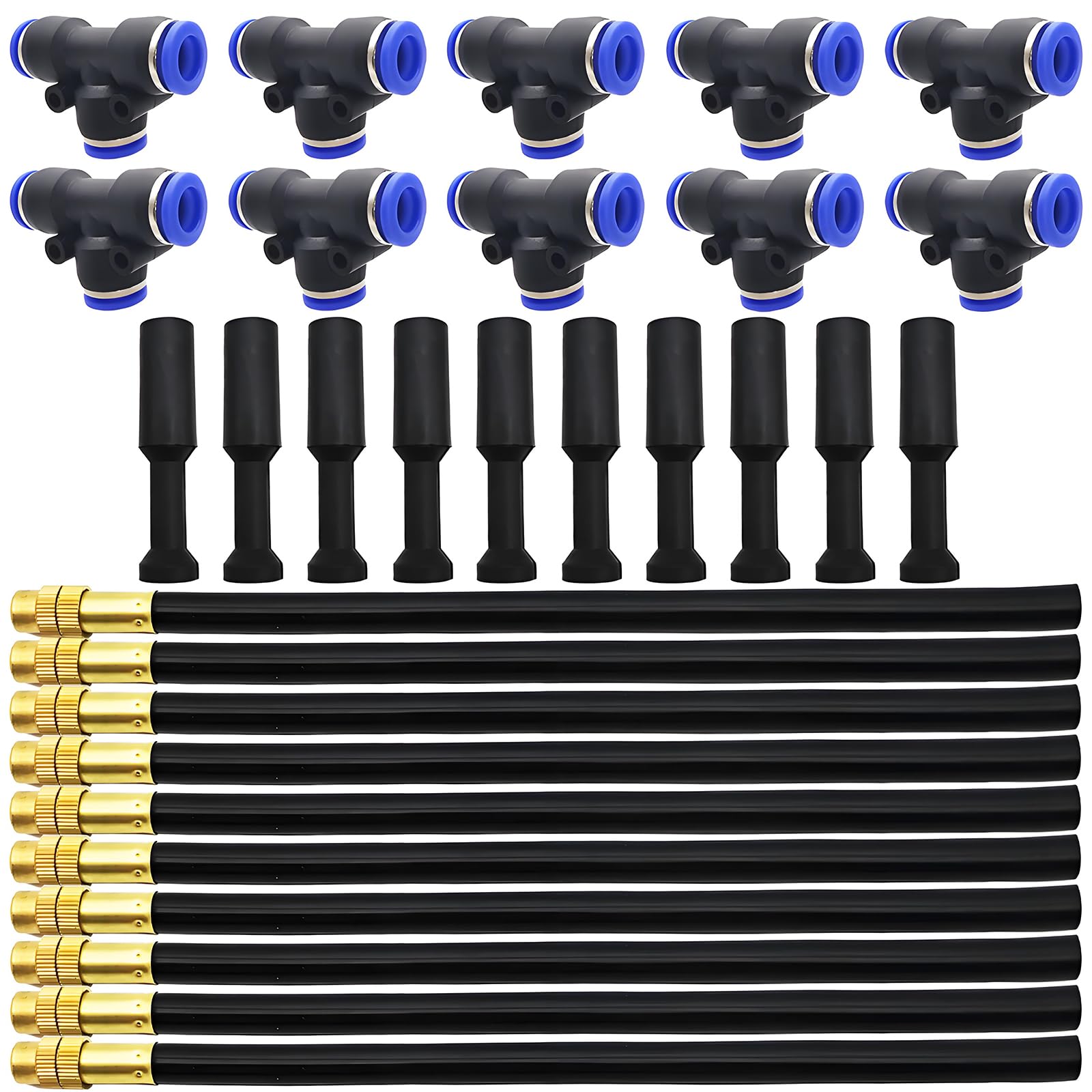 Buse de pulvérisation d'irrigation, Dujelixa 10 pièces buse de brouillard 20 cm, système de brouillard avec 10 connecteurs de type T + 10 bouchons d'irrigation pour irrigation, serre, pelouse
