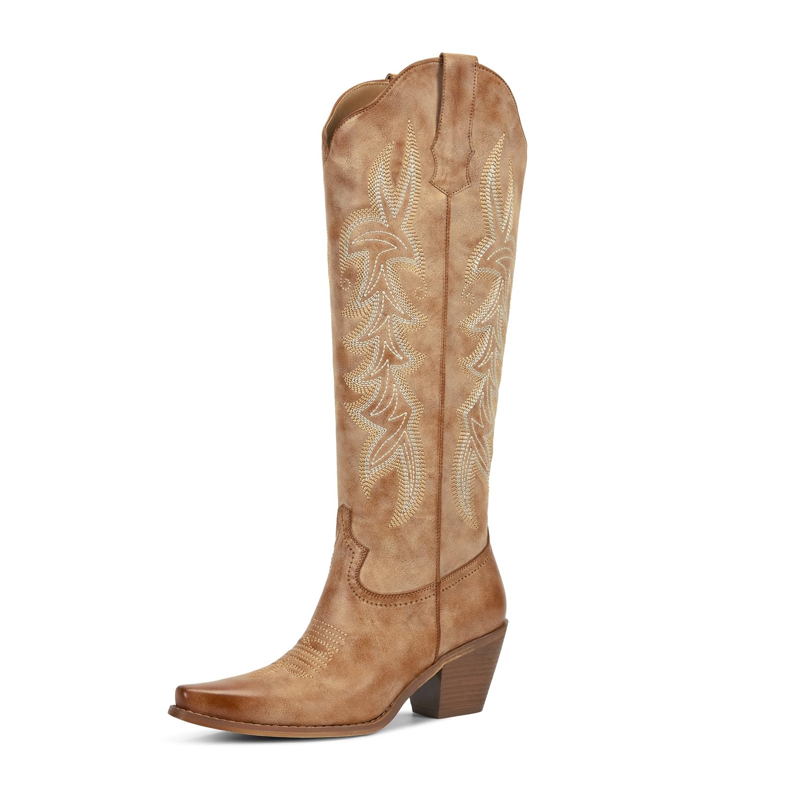 Photo 1 of wetkiss Cowboy Boots Womens Cowgirl Boots Knee High Retro Woman Western Vintage Embroidery Pointed Toe Block Heel Ladies Tall Boot for Concert Rodeo Wedding Parties Daily Wear Banana Brown Size 9.5