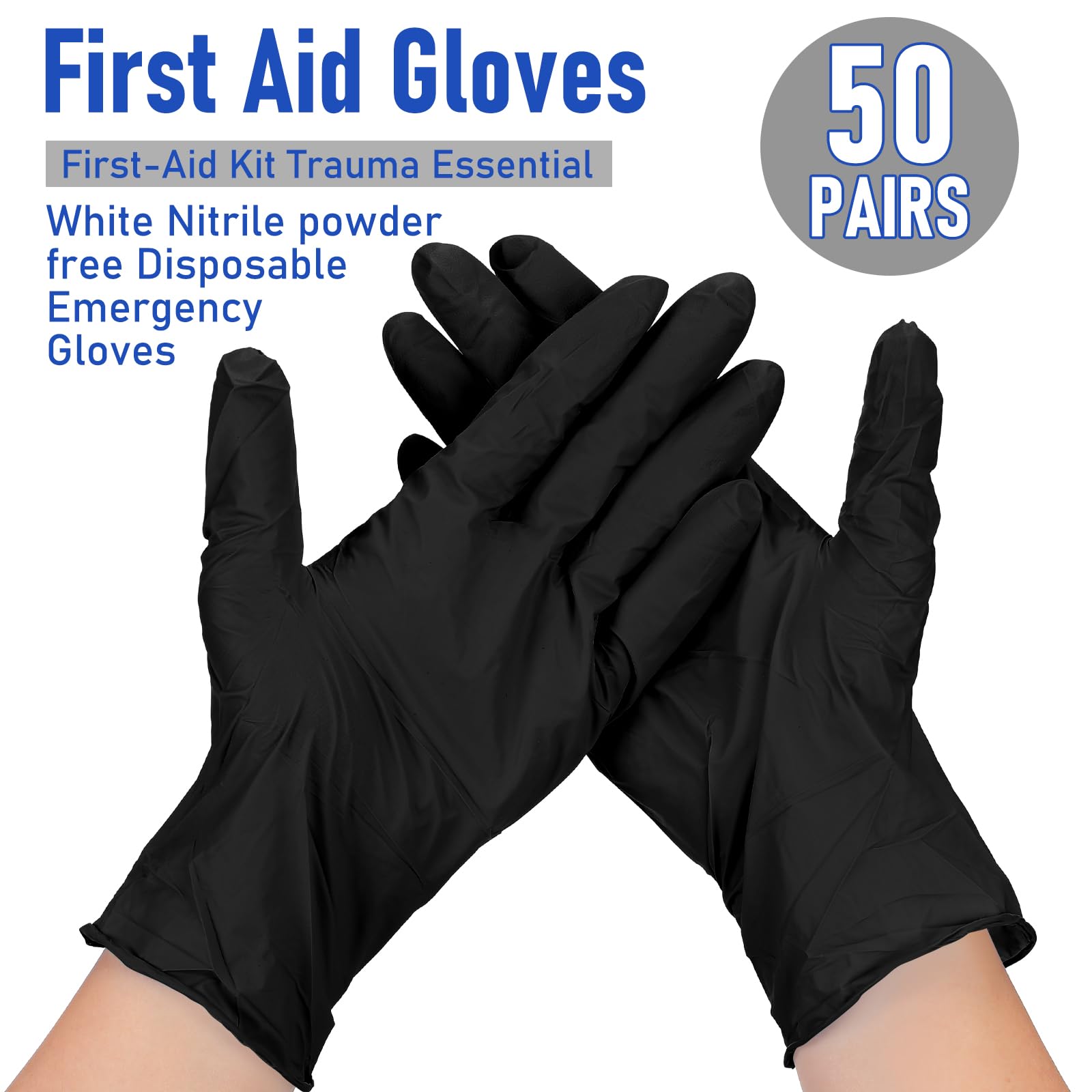 Chicingyou 50 pares de guantes desechables de emergencia empaquetados individualmente, guantes de viaje de nitrilo esenciales para traumatismos (negro)