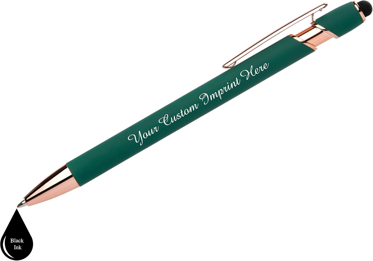 ExpressDesigns™ - Rose Gold Premium Custom Pens with Stylus | Rose Accent | Personalized Soft Touch Metal Printed Name Pens w/Black Ink - Imprinted w/Message - 12 pcs/pack (Green)