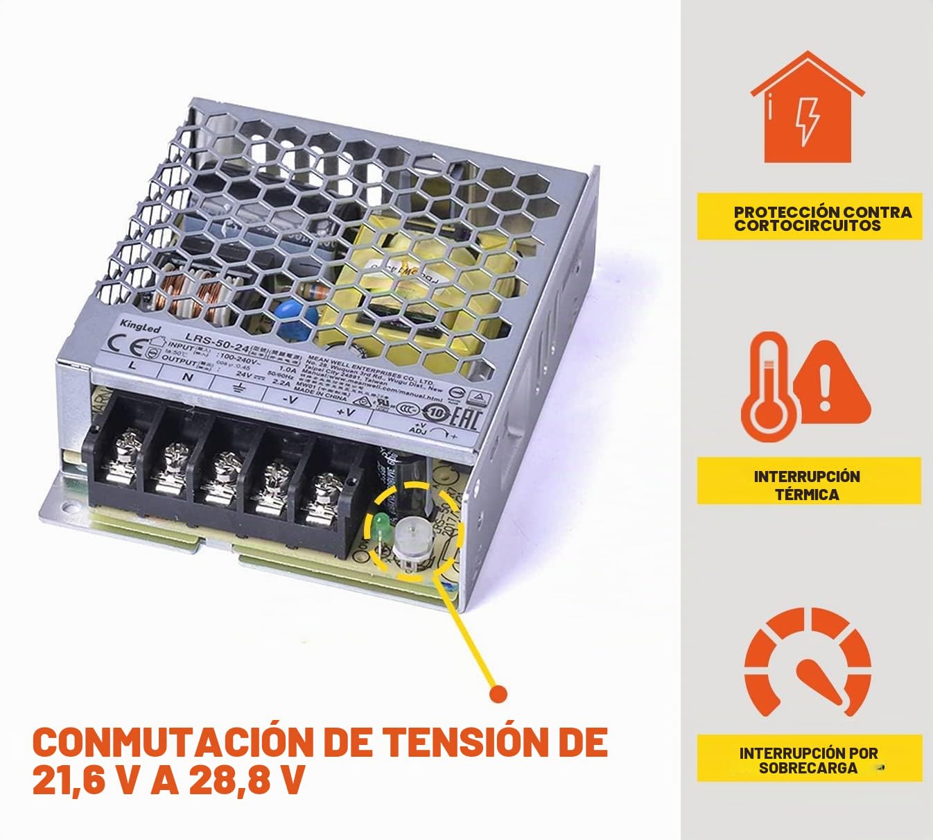 KingLed – MeanWell Fuente de alimentación Meanwell Modelo LRS-50-24 50W 24V Transformador Switching Mean Well NO resistente al agua IP20 para Tiras LED – cód.1991