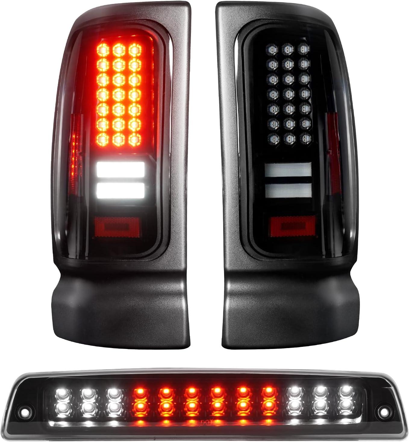 LED Tail Light + 3rd Brake Light Fit for Ram 1500 1994-2001, Fit for Ram 2500 3500 1994-2002, Rear Brake Lamp Taillight Assembly, Black Housing Smoke Lens