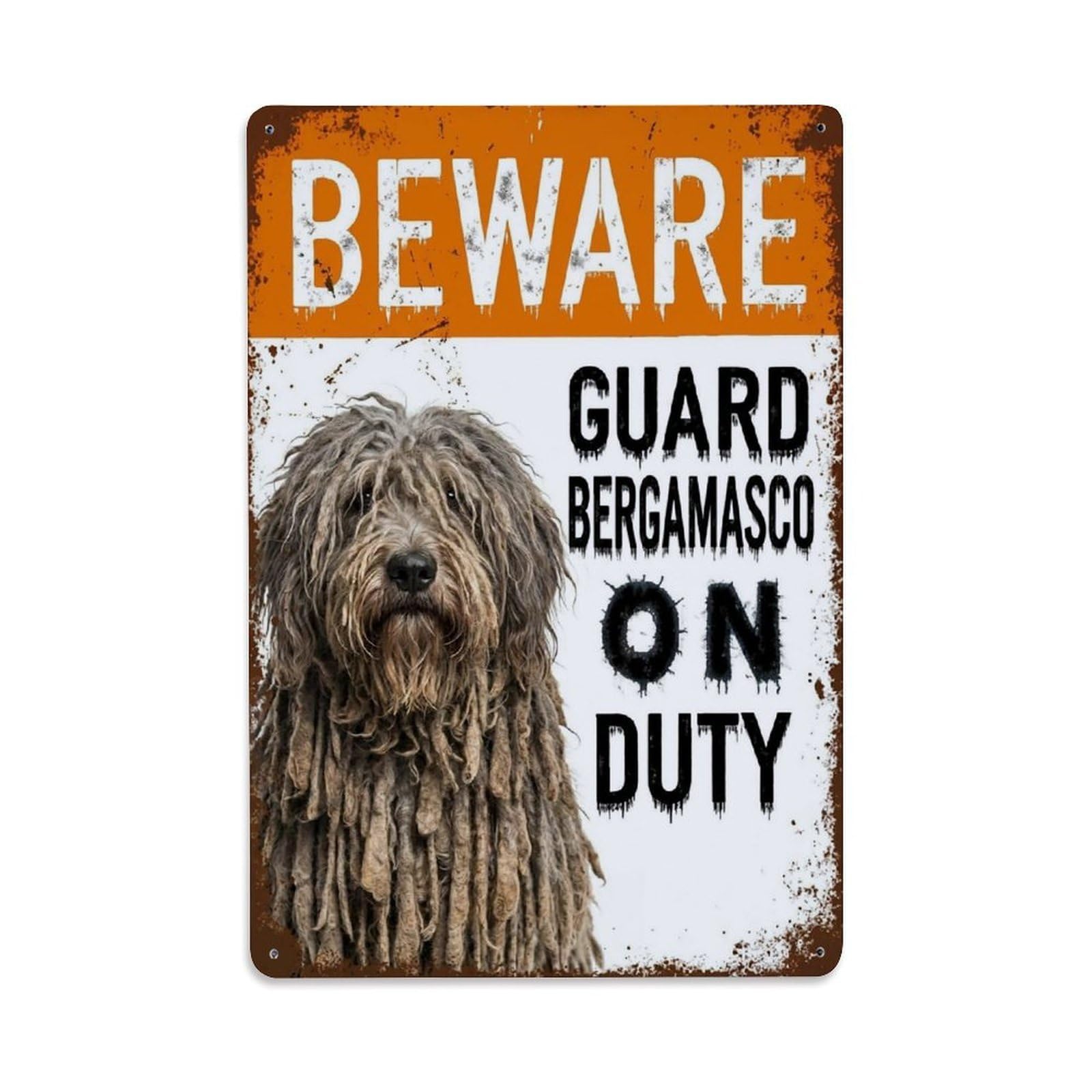 Vintage Funny Bergamasco Guard Beware of Dog Spot Metal Tin Sign Plaque Wall Decor for Cafe, Club Bar, Office, Garden Metal Poster 8x12Inch