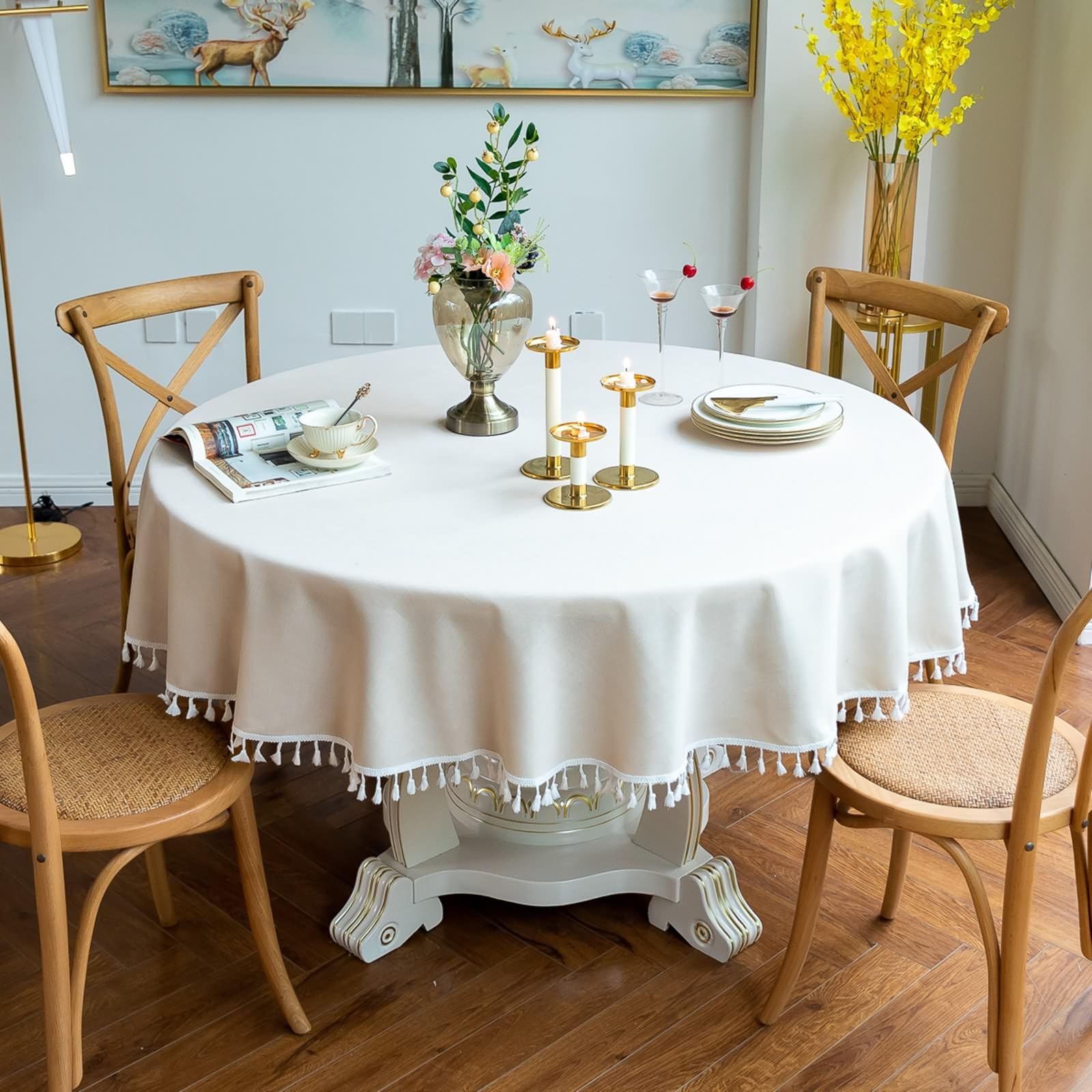 Tovaglia in cotone e lino con nappe, impermeabile e antimacchia, perfetta per uso esterno e interno, elegante colore beige, 160 cm, copertura quadrata per tavolo da pranzo